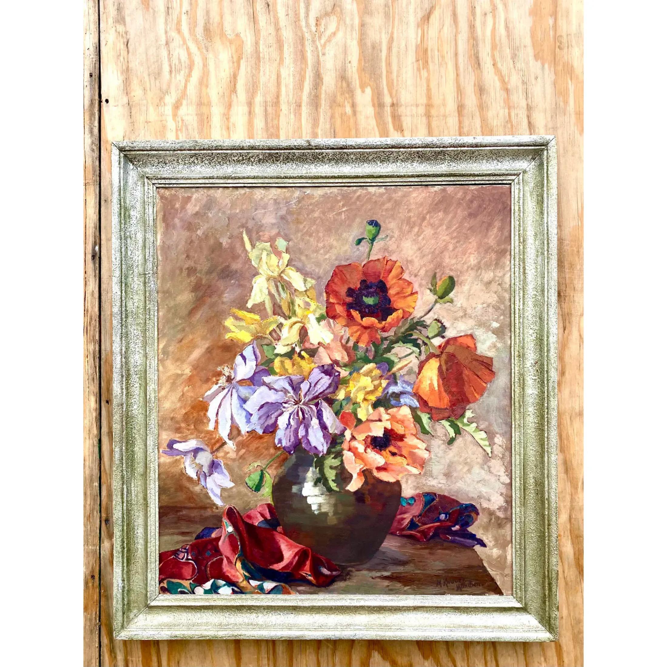Bohemian Midcentury Original Floral Oil Painting Signed For Sale