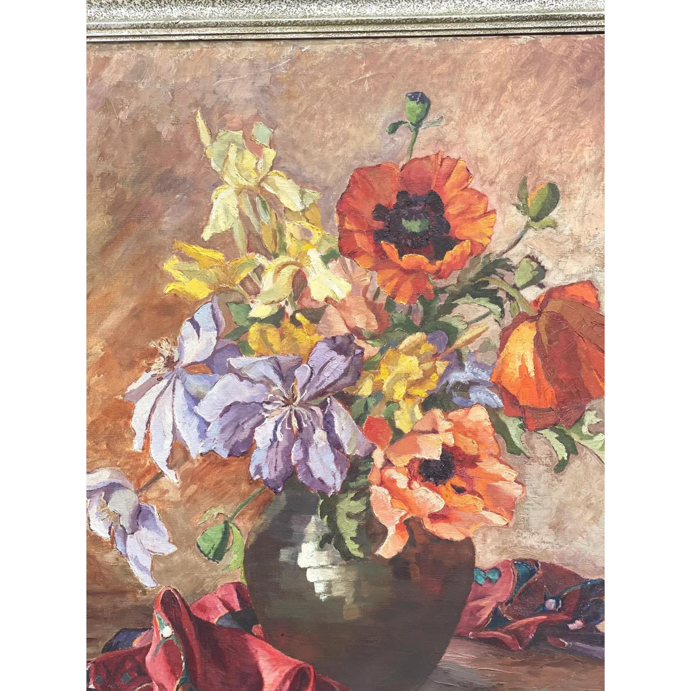 Midcentury Original Floral Oil Painting Signed In Good Condition For Sale In west palm beach, FL