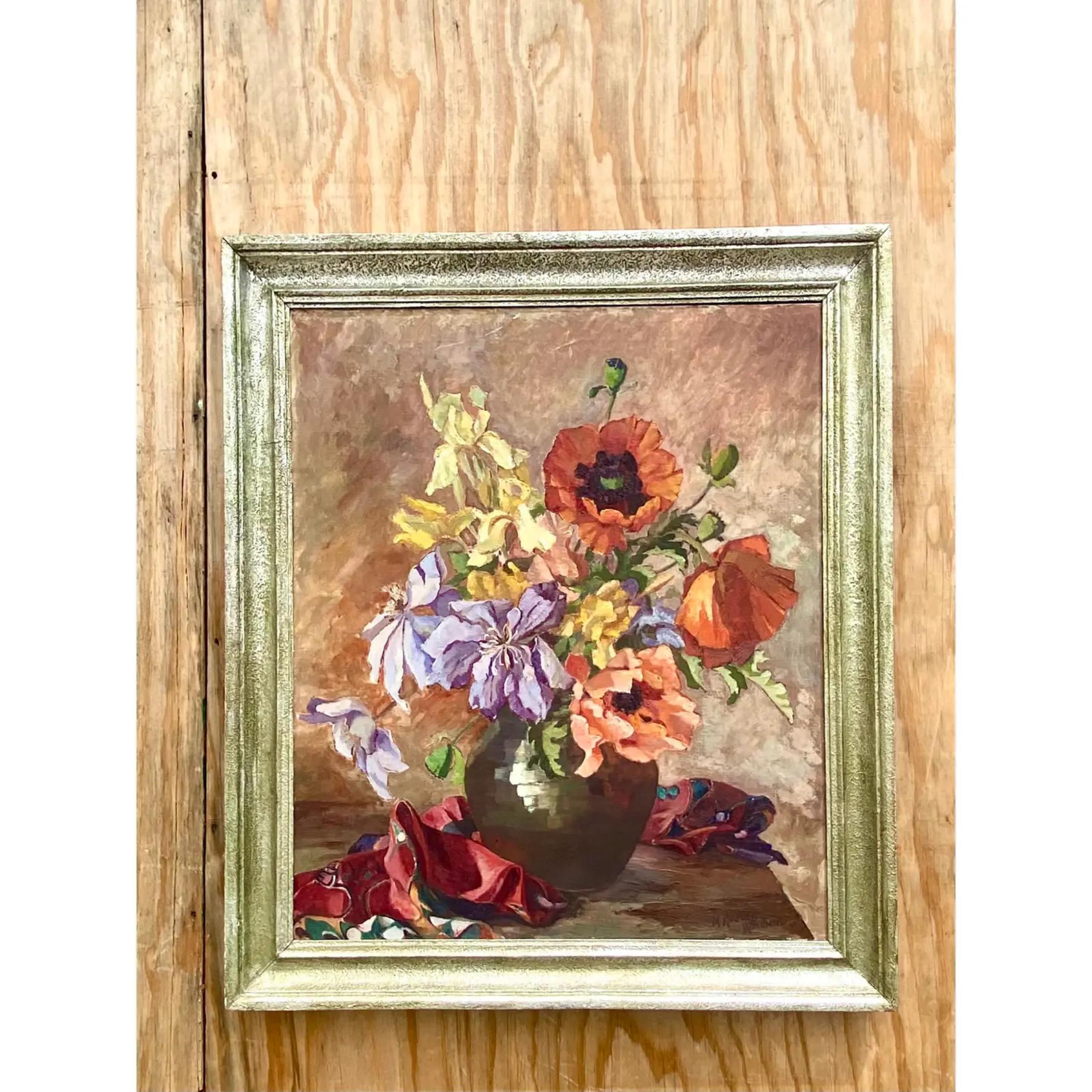 20th Century Midcentury Original Floral Oil Painting Signed For Sale
