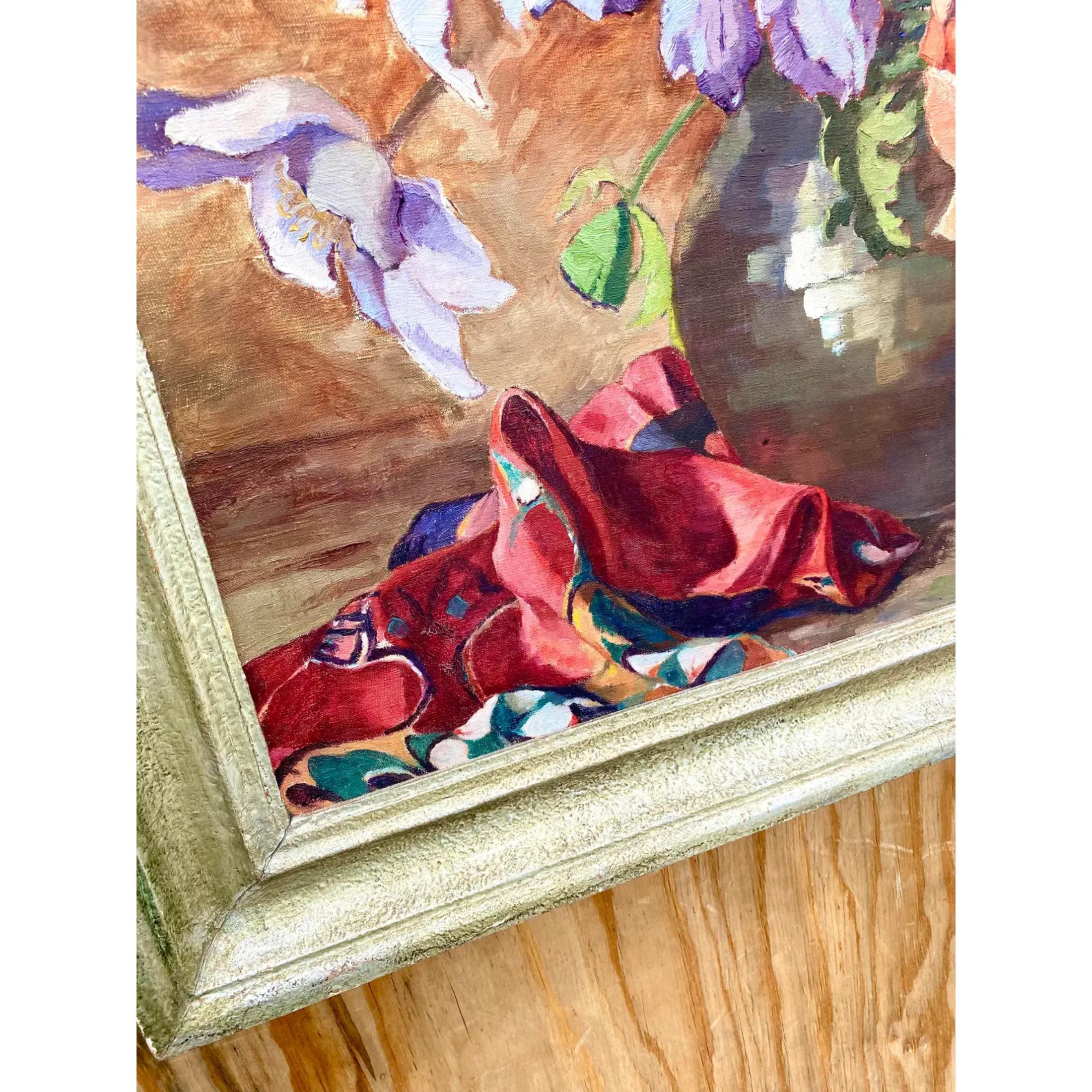 Midcentury Original Floral Oil Painting Signed For Sale 1