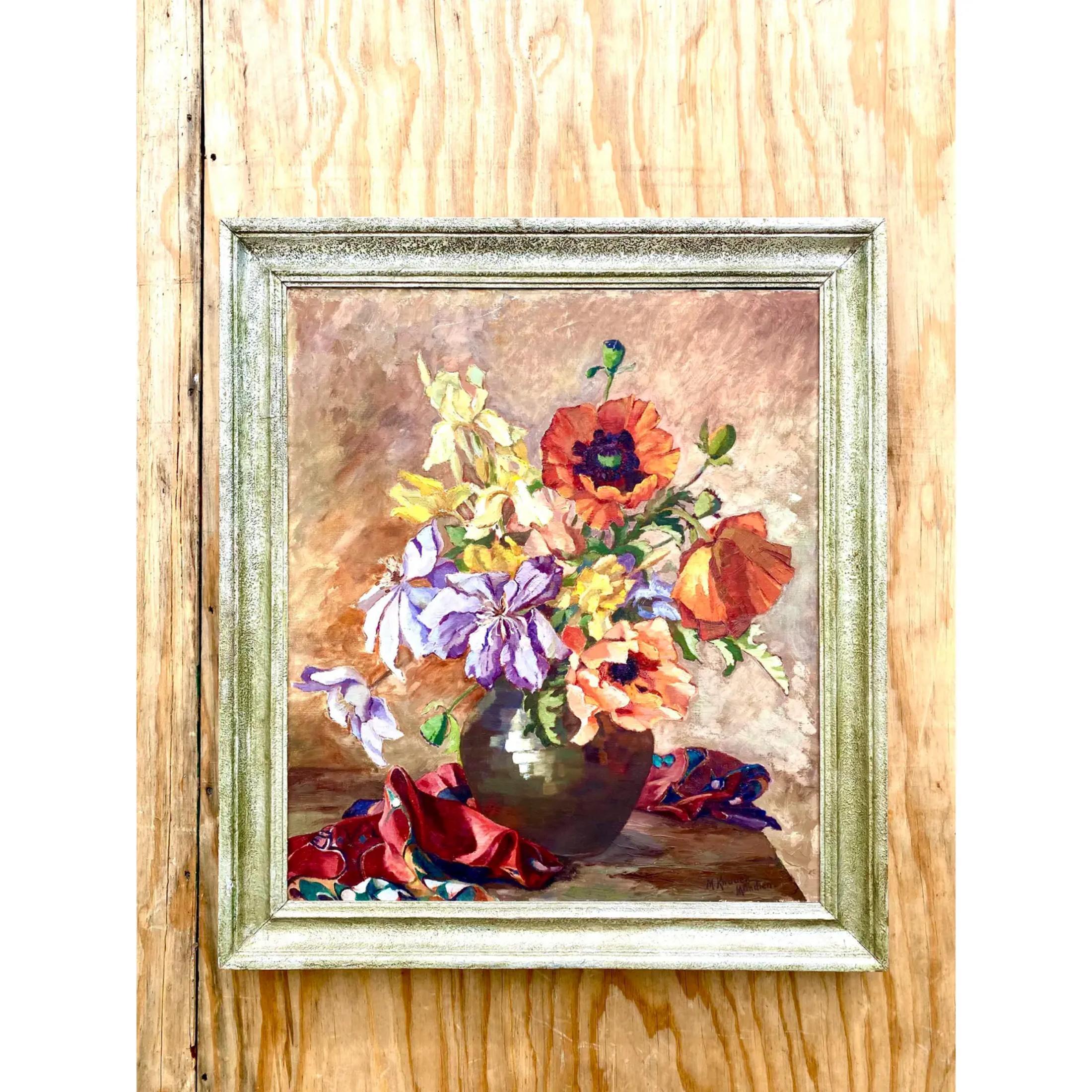 Midcentury Original Floral Oil Painting Signed For Sale 2