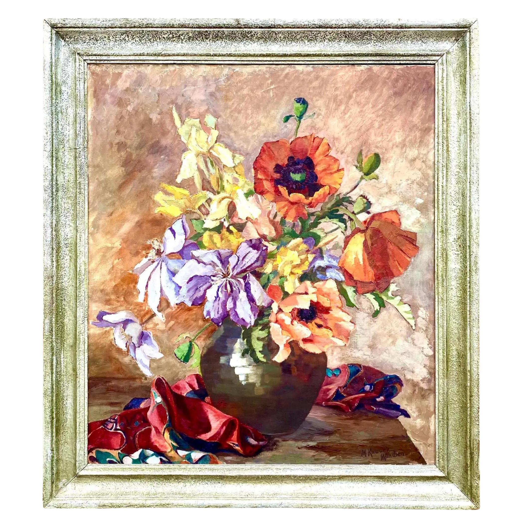 Peinture à l'huile florale originale du milieu du siècle signée en vente