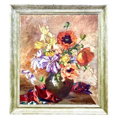 Peinture à l'huile florale originale du milieu du siècle signée