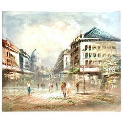 Huile sur toile originale du 20ème siècle représentant une scène de rue de Paris par C. Burnett