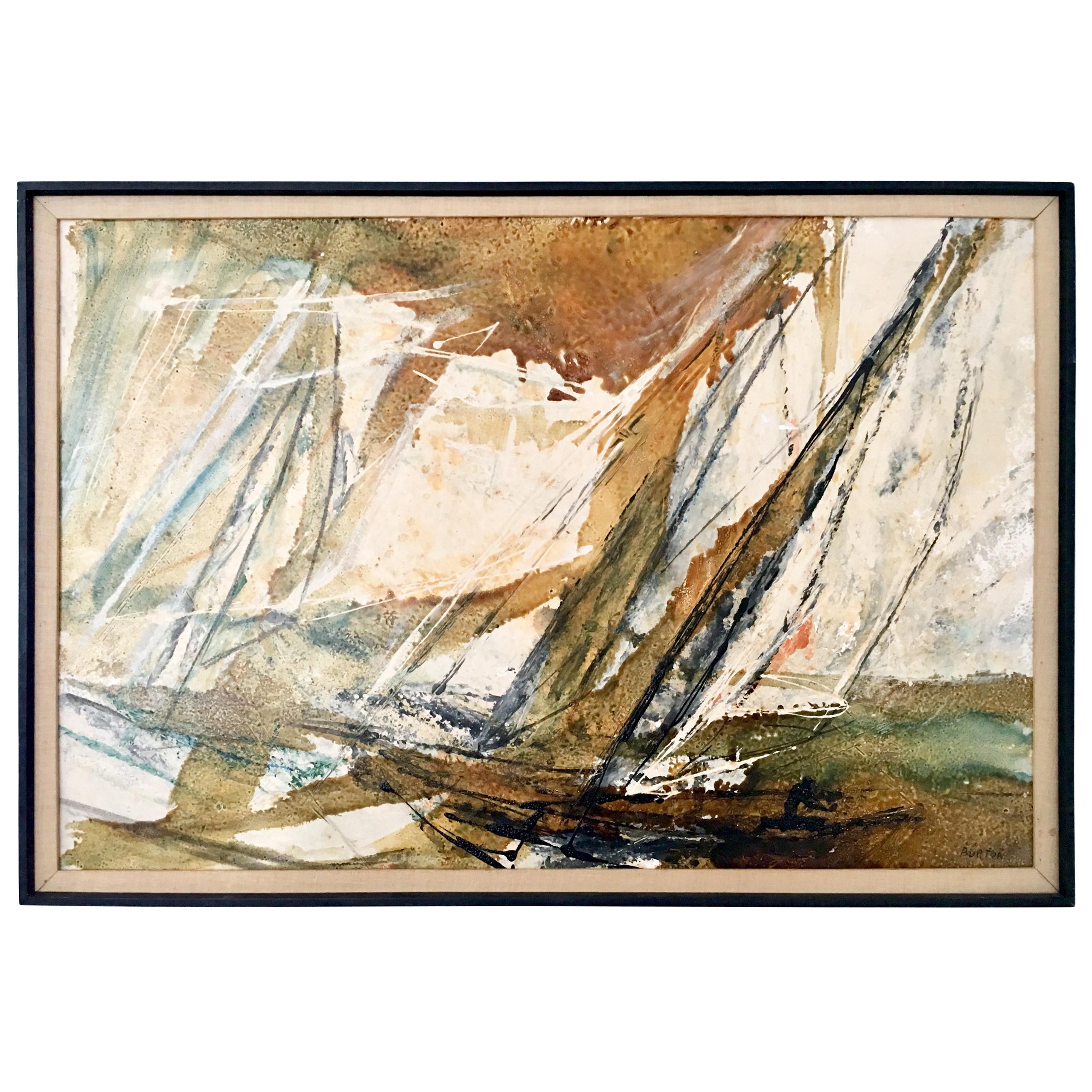Midcentury Original Oil on Masonite "Abstract" Painting by Burton
