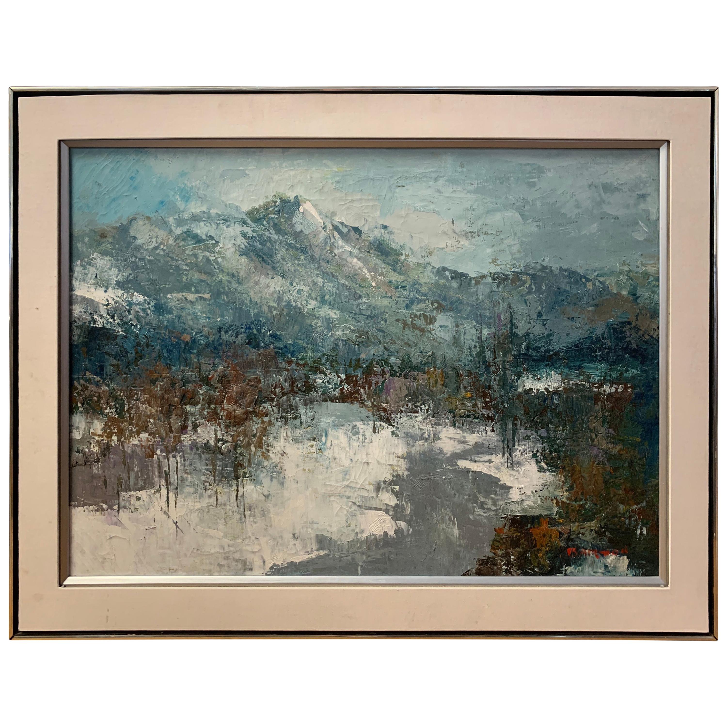 Peinture à l'huile originale de paysage d'hiver du milieu du siècle dernier signée Barton