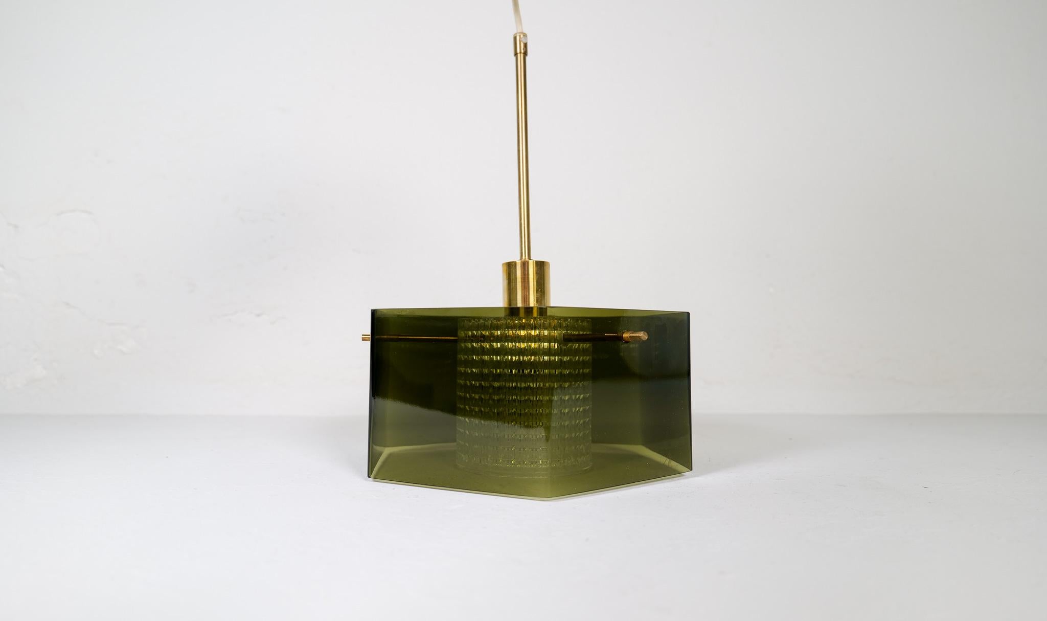 Swedish Midcentury Orrefors Carl Fagerlund Ceiling Light with Hand Blown Green Glass