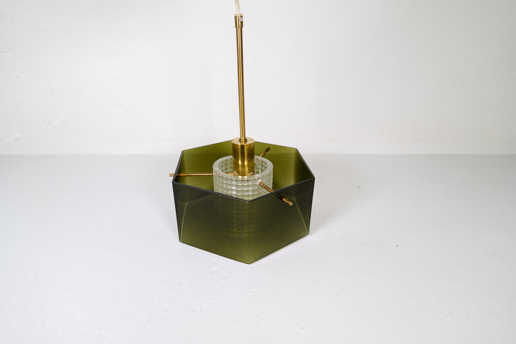 Midcentury Orrefors Carl Fagerlund Ceiling Light with Hand Blown Green Glass In Good Condition In Hillringsberg, SE