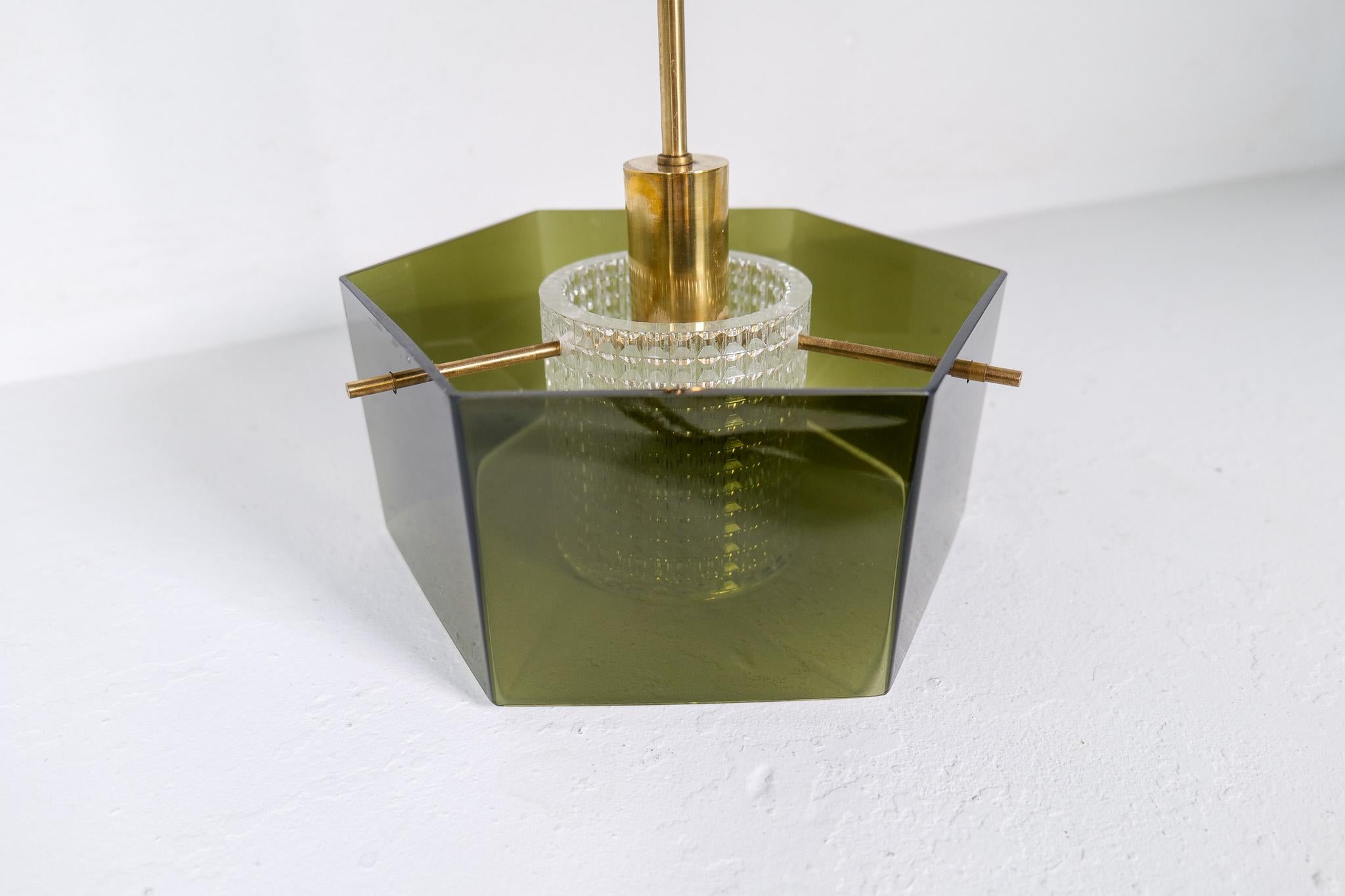 Brass Midcentury Orrefors Carl Fagerlund Ceiling Light with Hand Blown Green Glass