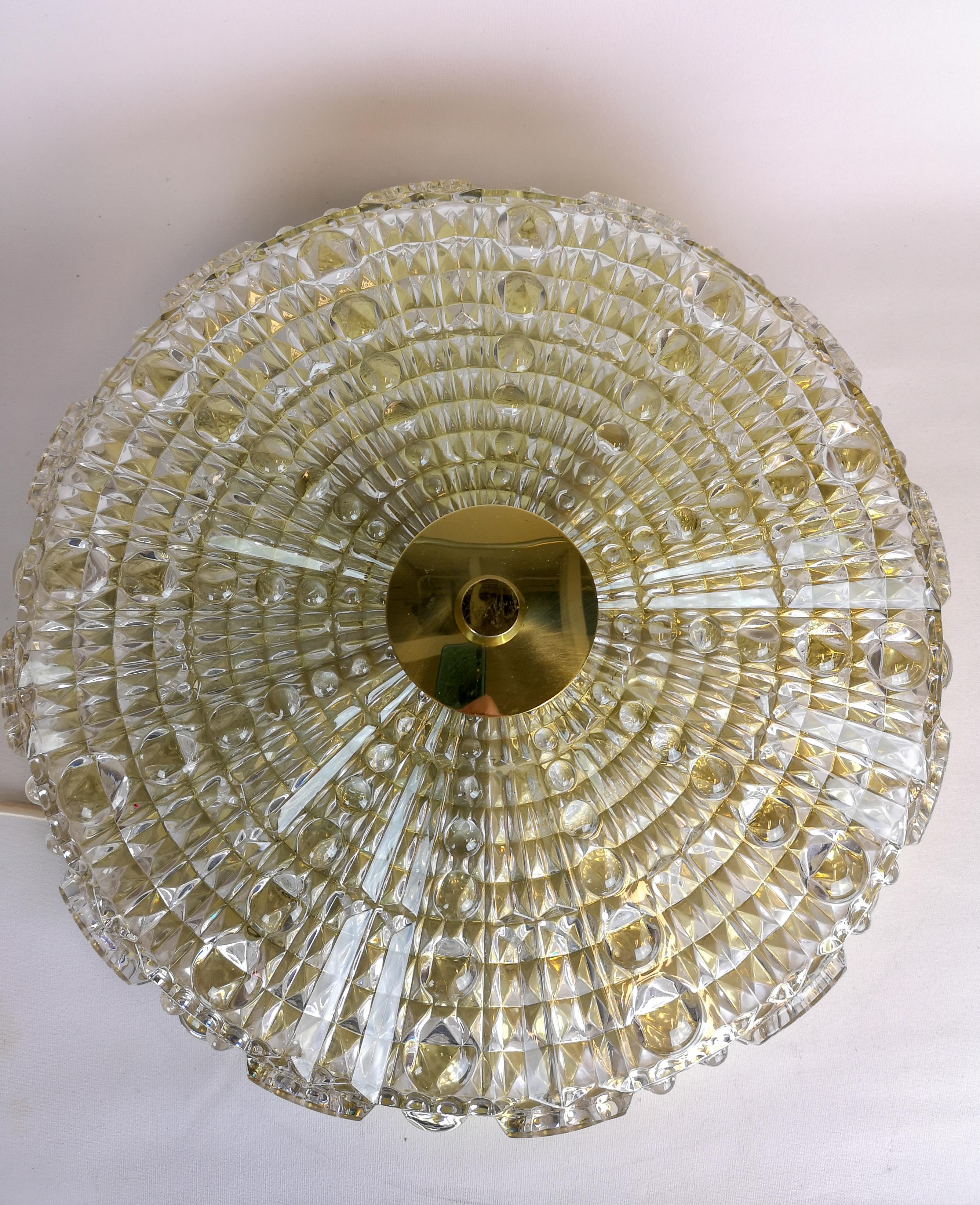 Scandinavian Modern Midcentury Orrefors Crystal Brass Ceiling Lamp, Carl Fagerlund, 1970s, Sweden For Sale