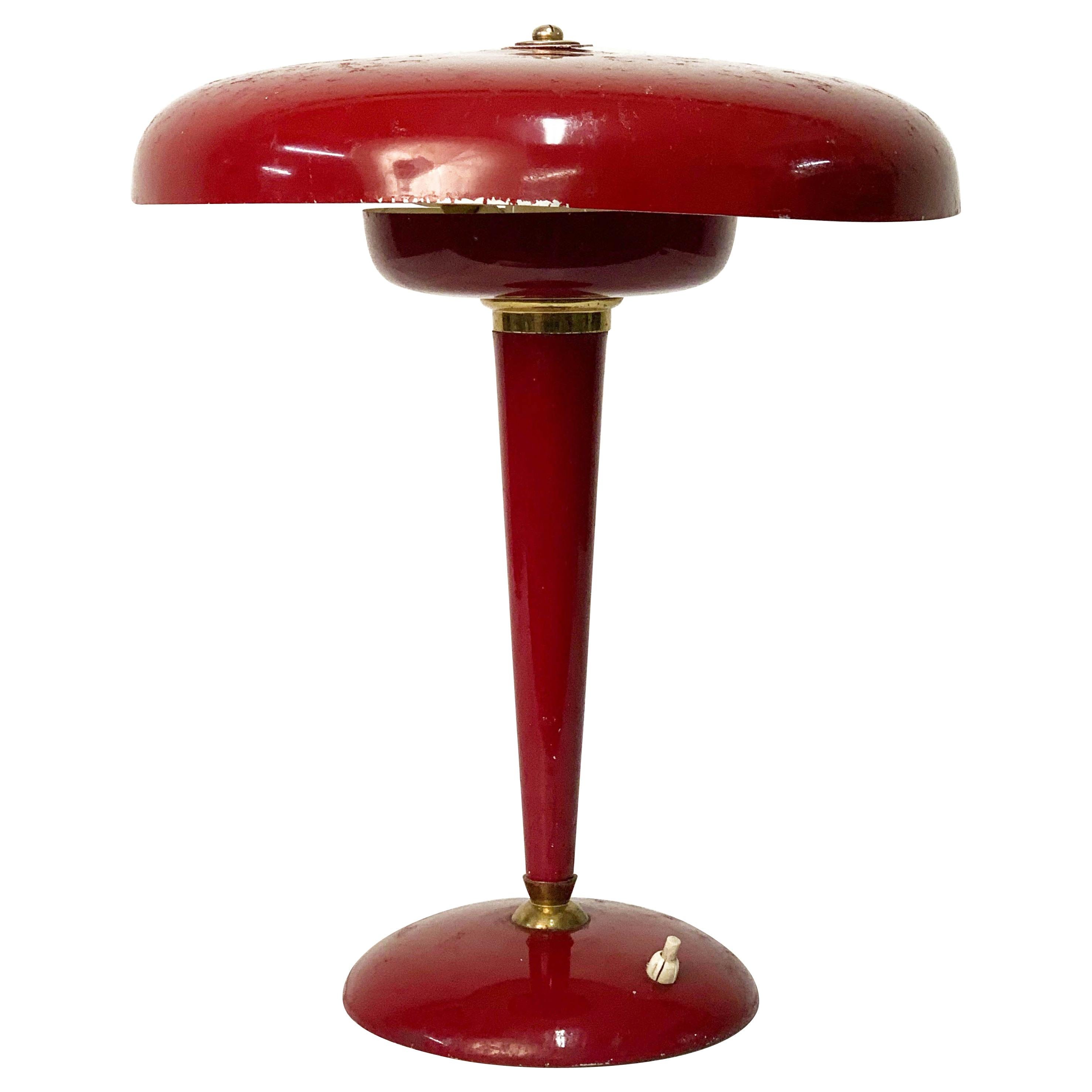 Midcentury Oscar Torlasco Red Aluminum and Brass Italian Table Lamp, 1950s For Sale