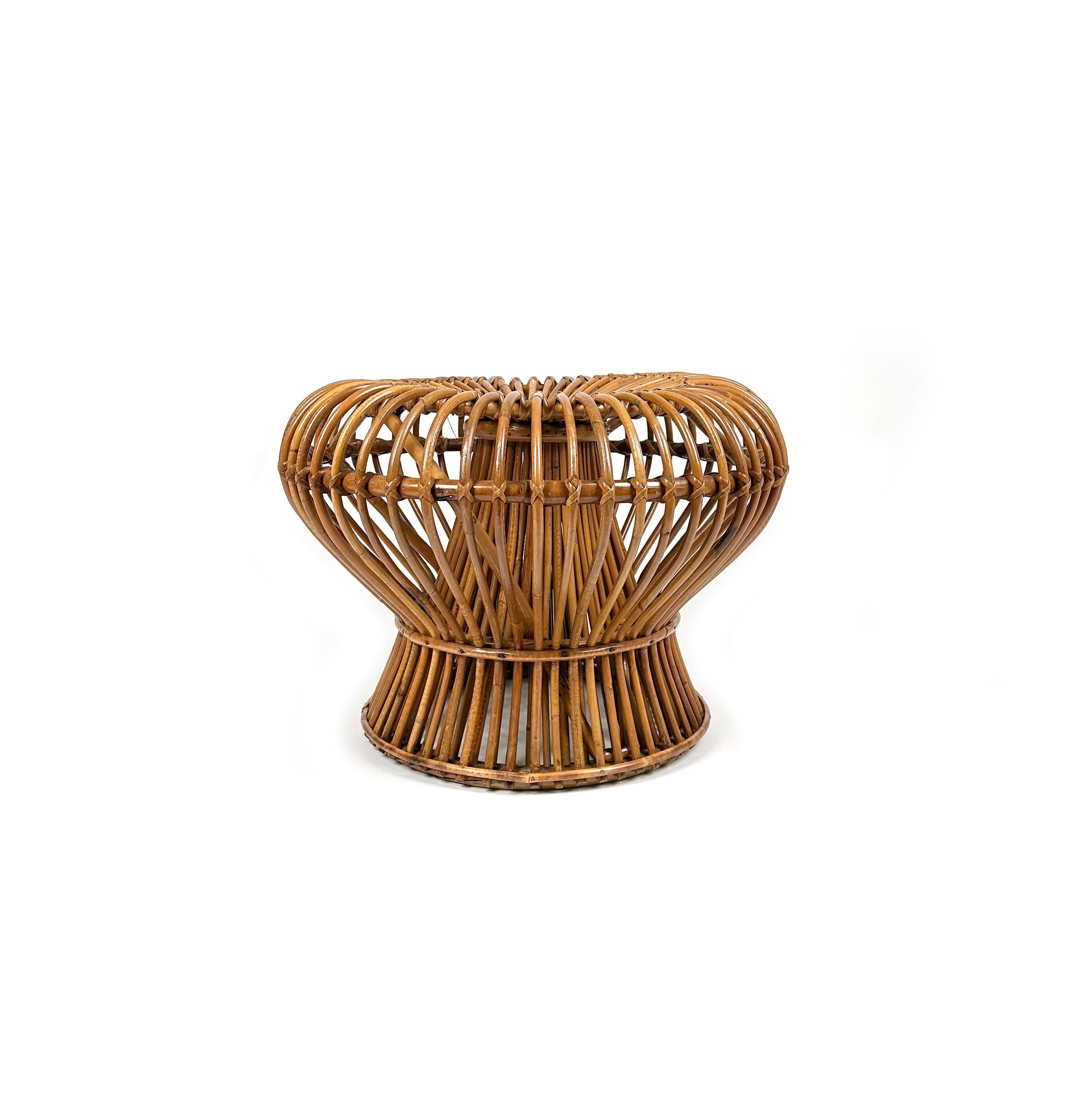 Mid-Century Modern Midcentury Ottoman Stool in Bamboo and Rattan Franco Albini Style, Italy, 1960s For Sale