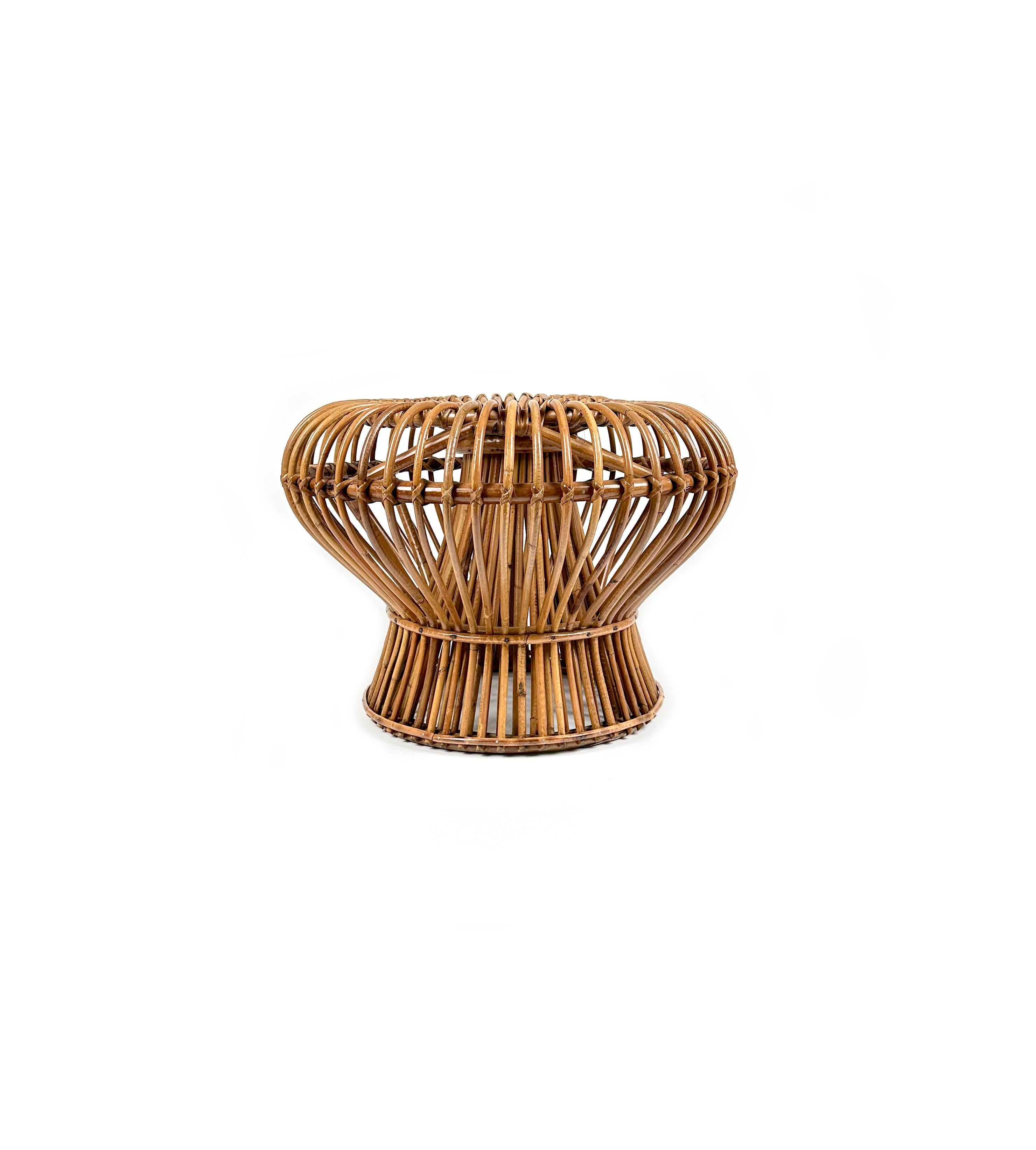 Mid-20th Century Midcentury Ottoman Stool in Bamboo and Rattan Franco Albini Style, Italy, 1960s For Sale