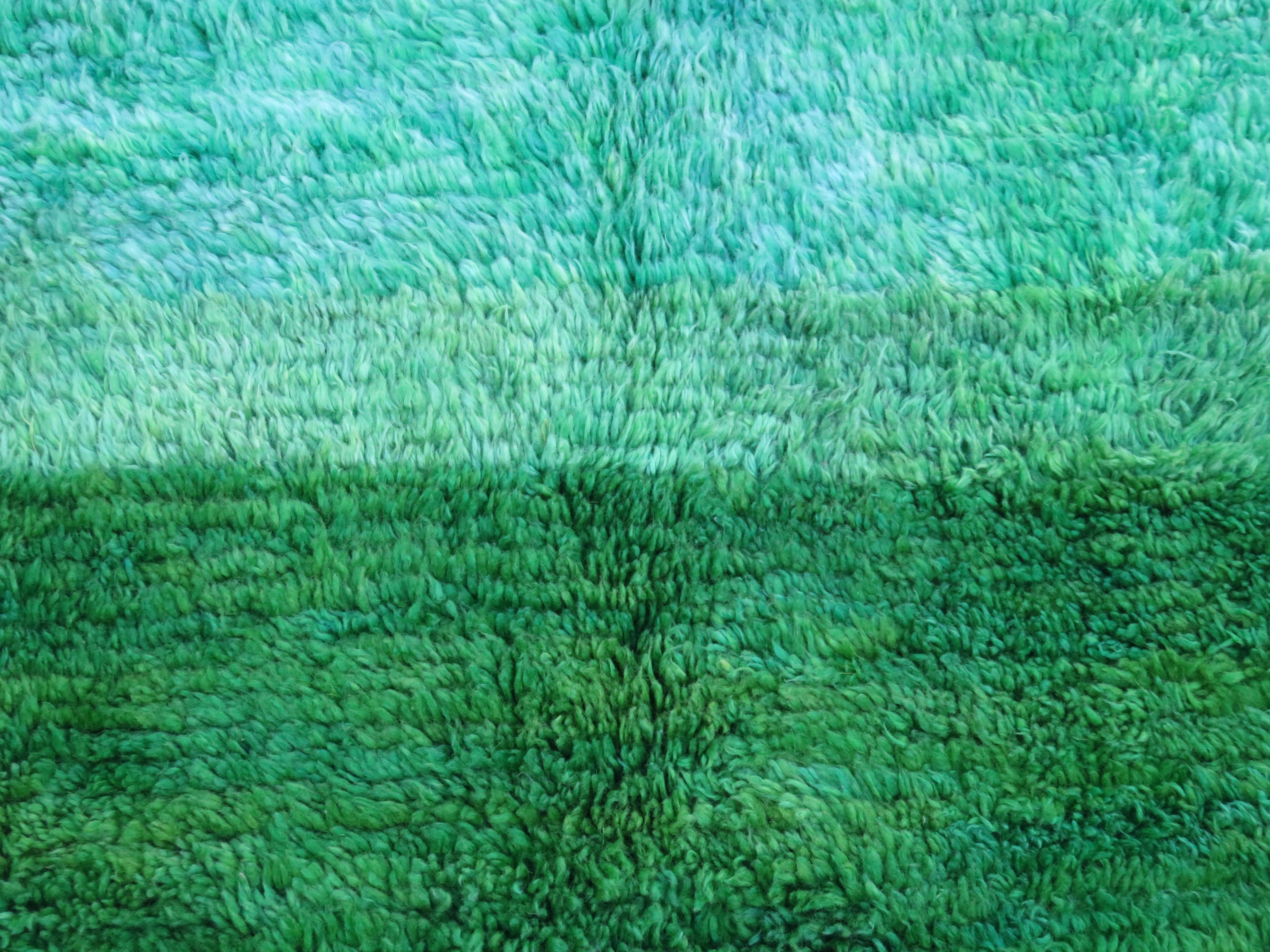Midcentury Oulmes rug handwoven with lush shades of green silky wool in an ombré design . 
Dimensions: 6'1 X 9'3 
