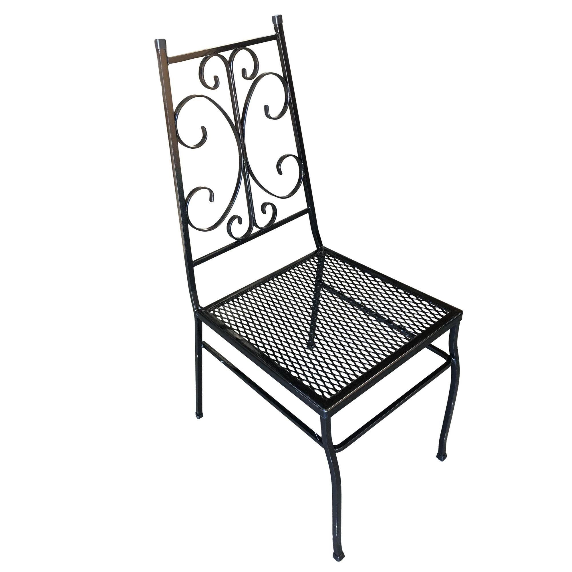 Set of four outdoor patio chairs with scrolling pattern and mesh steel seats.