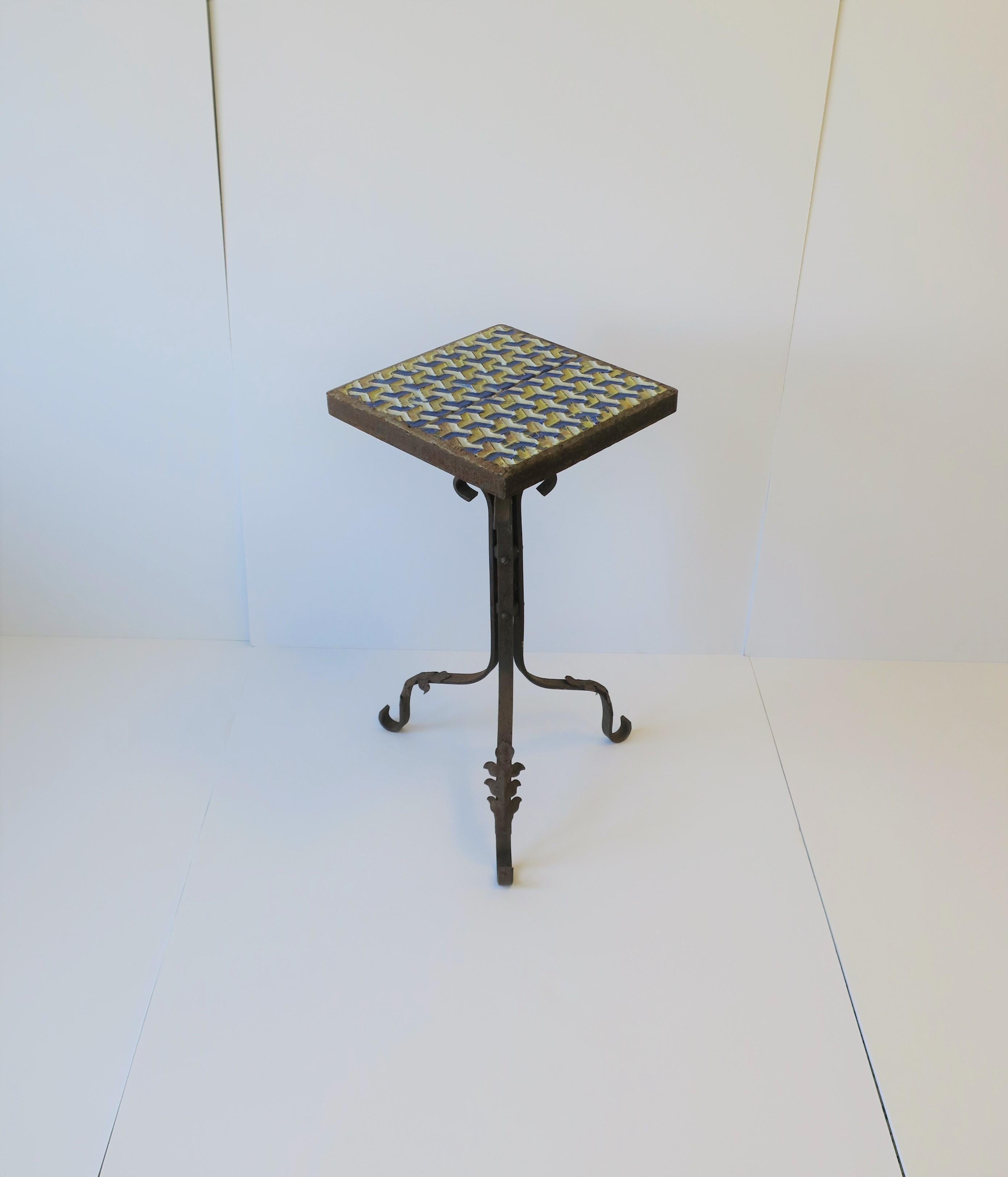 Iron Midcentury Outdoor Patio Side Table with Geometric Ceramic Top