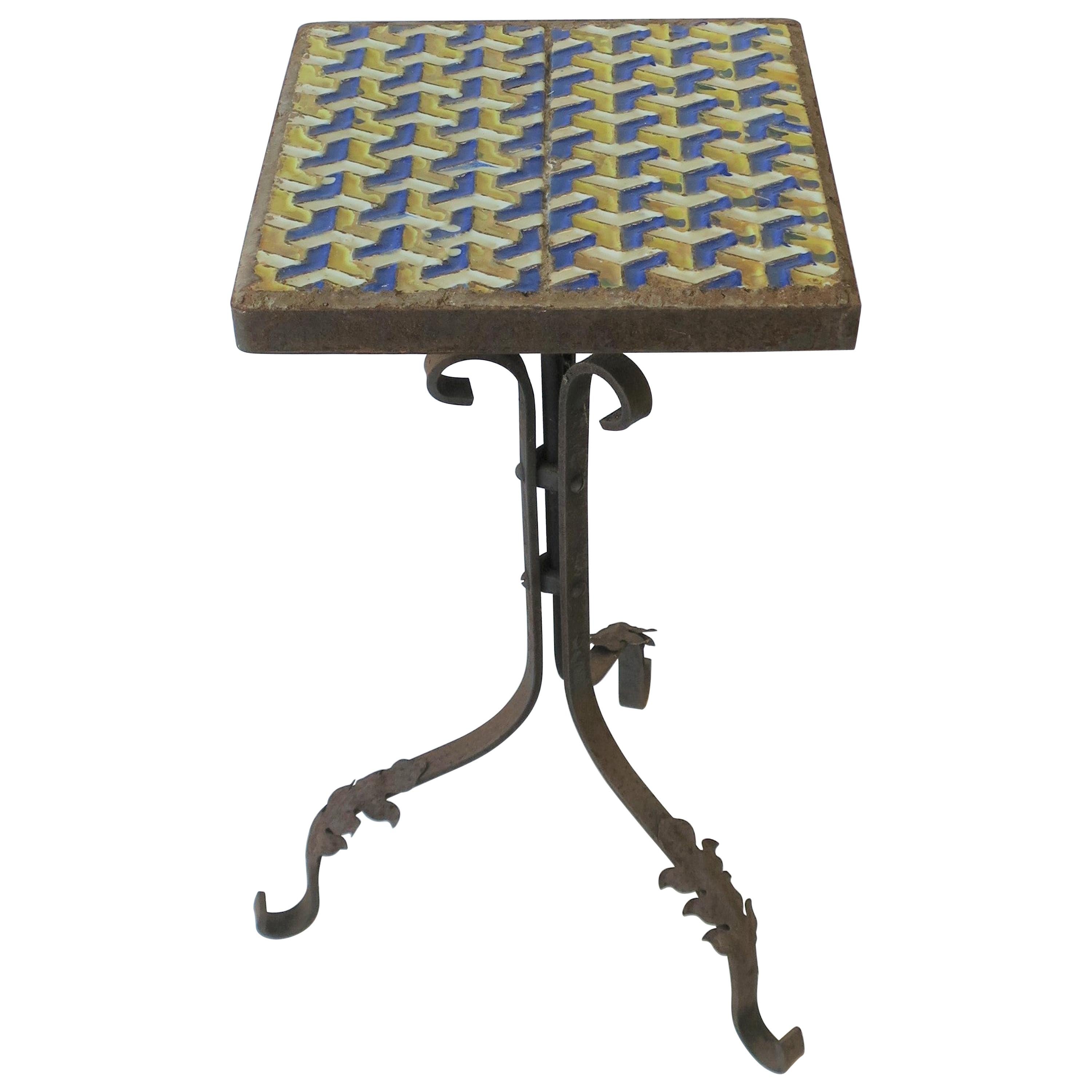 Midcentury Outdoor Patio Side Table with Geometric Ceramic Top