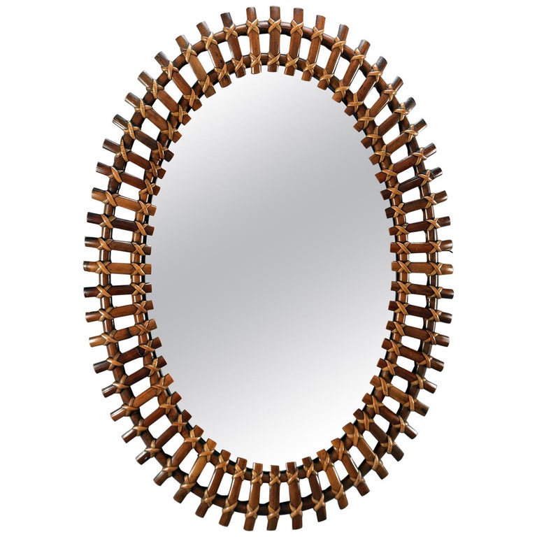 Midcentury Oval Bamboo Framed Mirror For Sale at 1stdibs