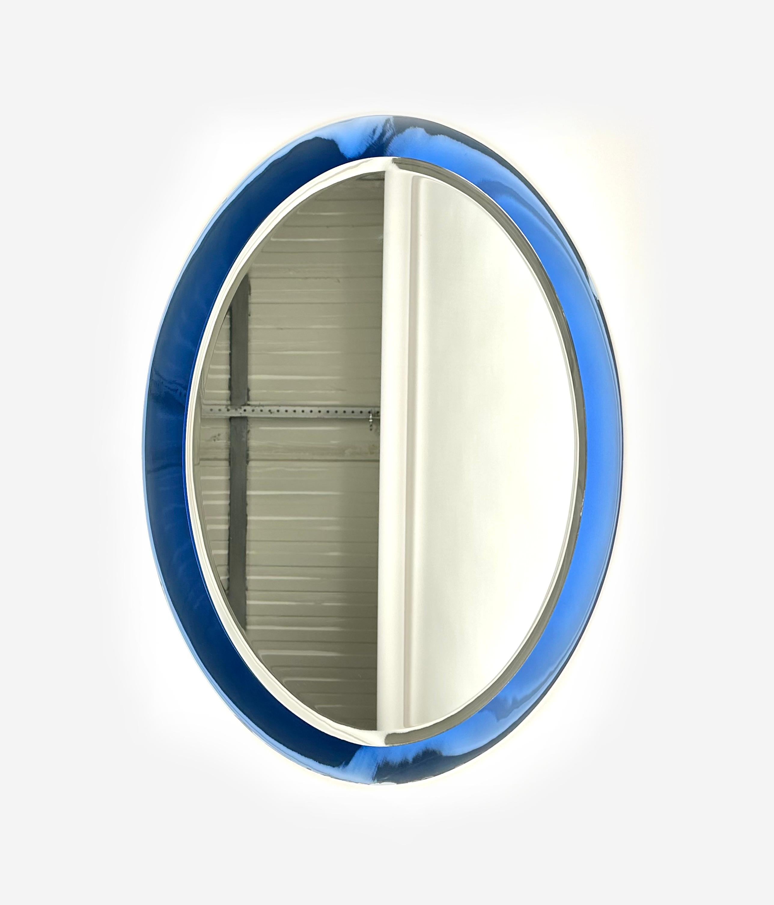 Italian Midcentury Oval Blue Wall Mirror by Metalvetro Galvorame, Italy 1960s