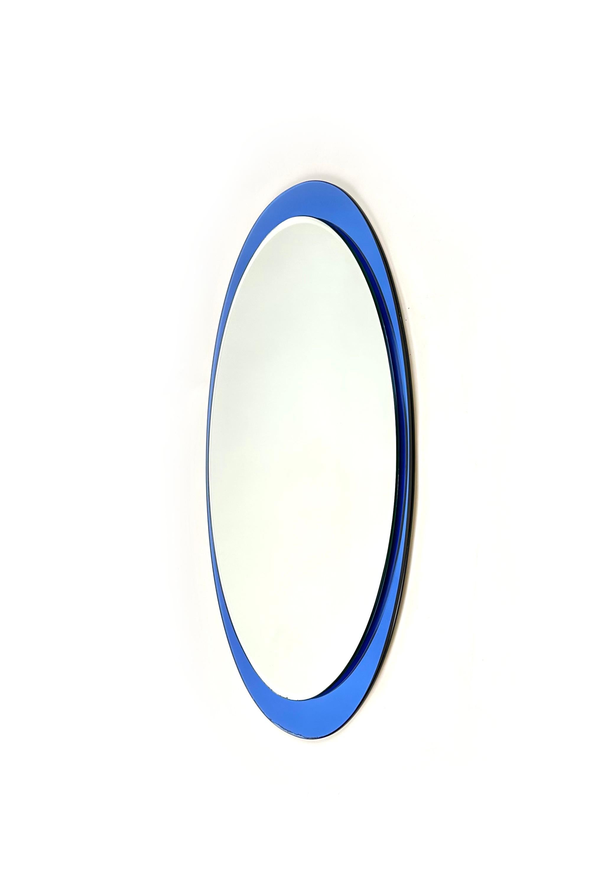Italian Midcentury Oval Blue Wall Mirror by Metalvetro Galvorame, Italy, 1970s For Sale