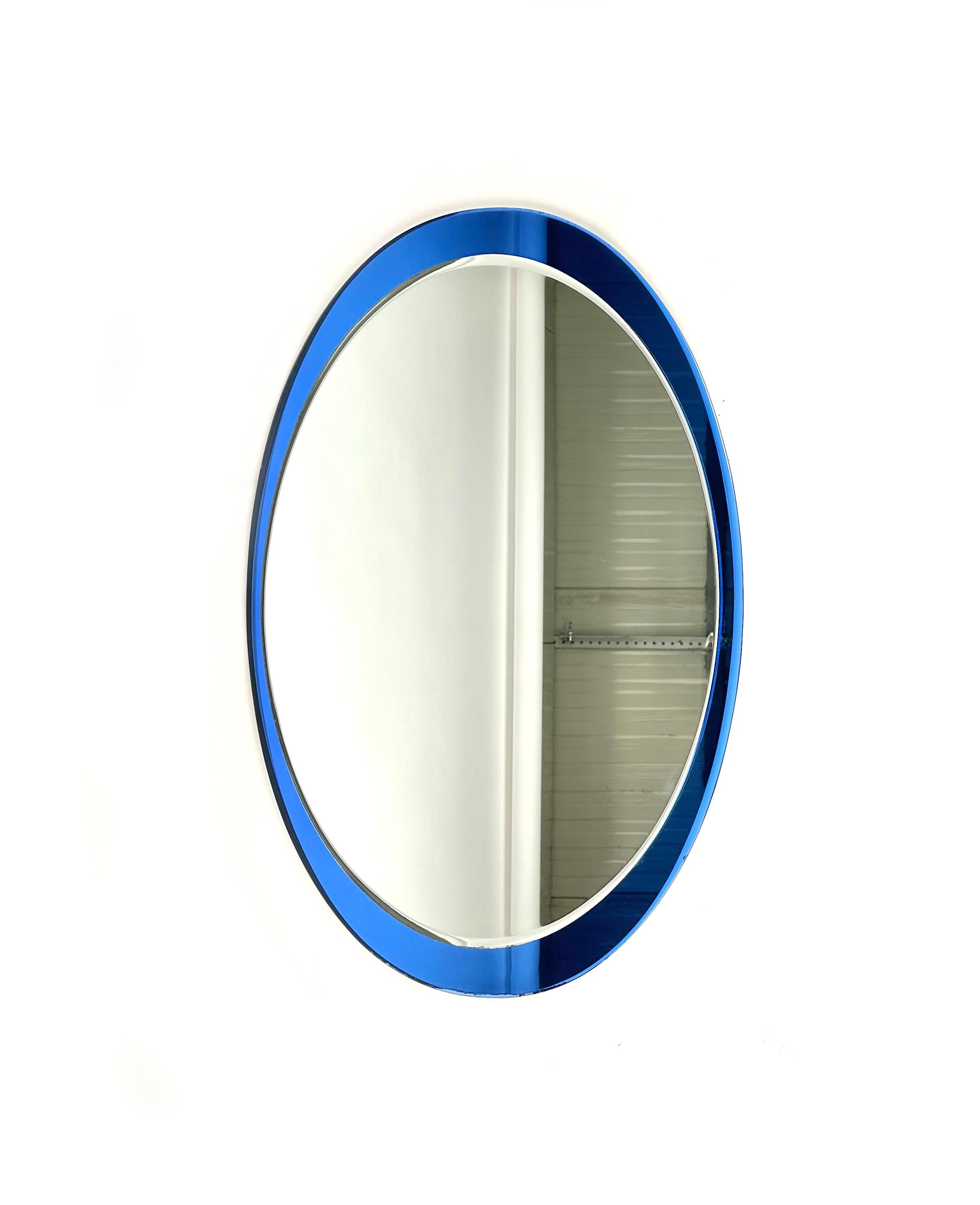 Late 20th Century Midcentury Oval Blue Wall Mirror by Metalvetro Galvorame, Italy, 1970s For Sale