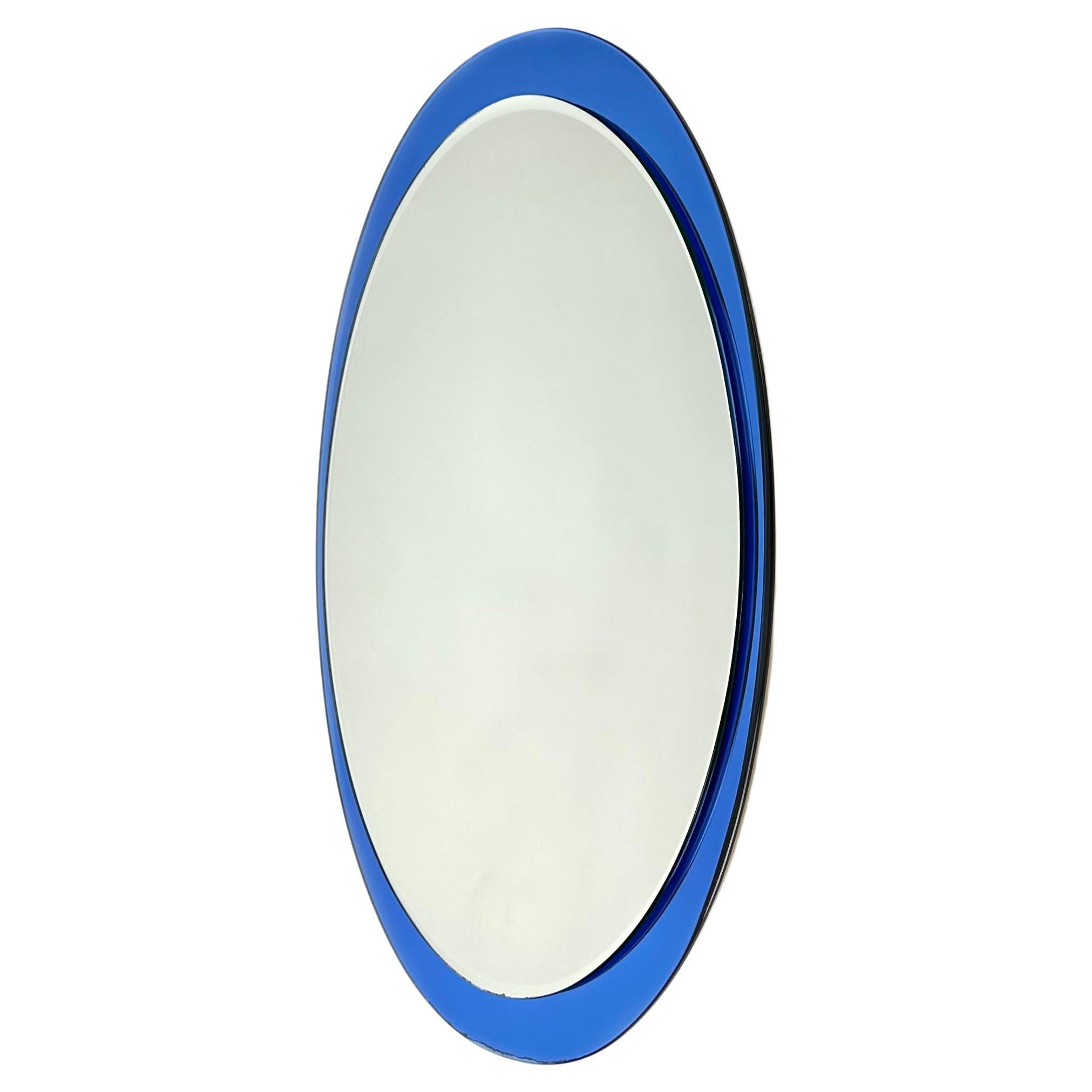 Midcentury Oval Blue Wall Mirror by Metalvetro Galvorame, Italy, 1970s For Sale