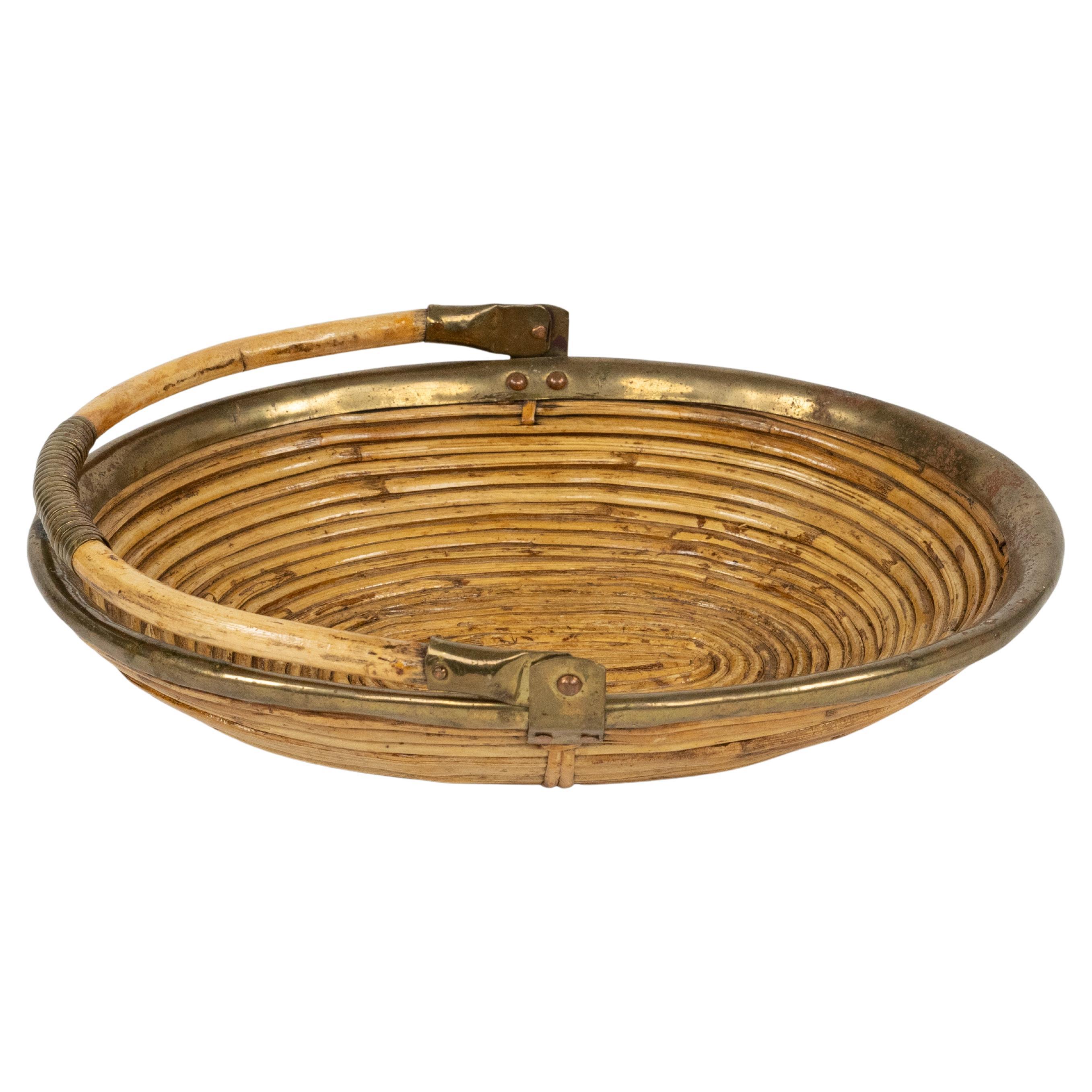 Midcentury Oval Bowl or Centerpiece in Bamboo, Rattan and Brass, Italy 1970s