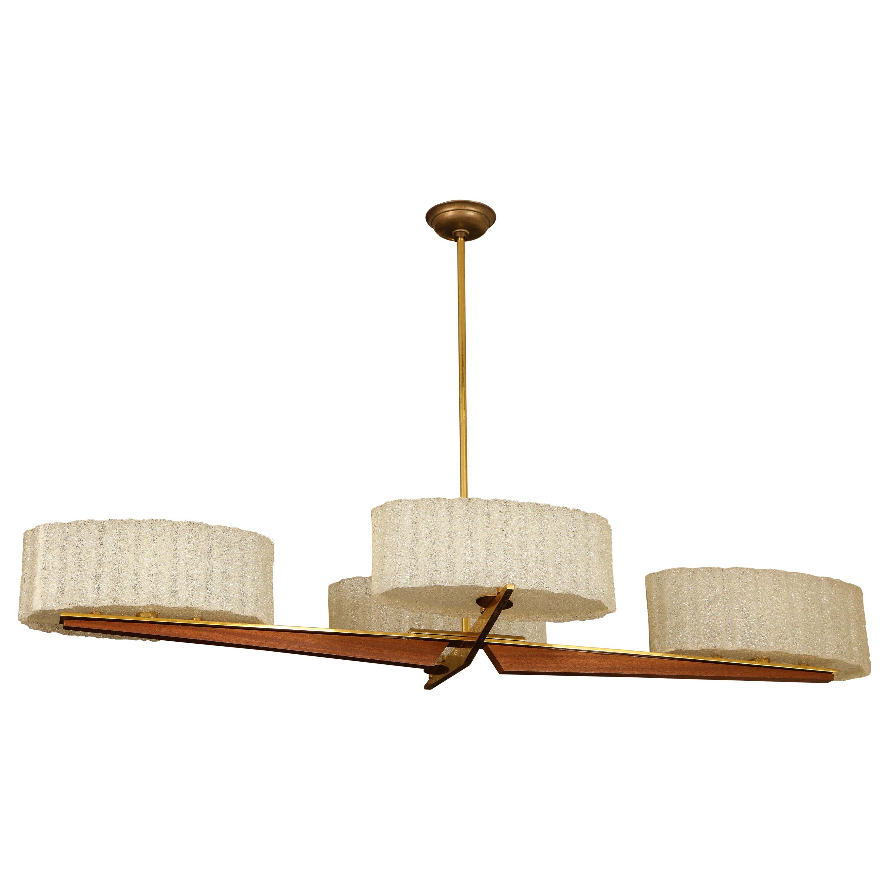 Mid-Century Oval Brass and Teak Chandelier with Textured Resin Shades
