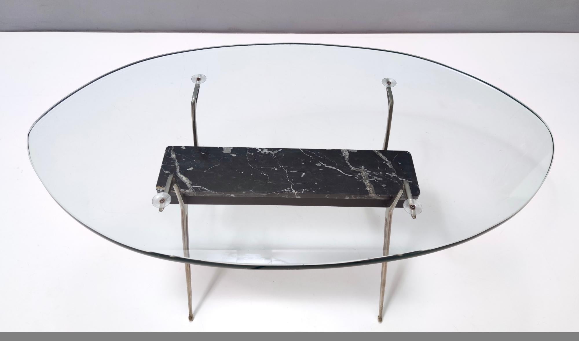 Mid-20th Century Oval Glass Coffee Table with Portoro Marble and Iron Base, Italy For Sale