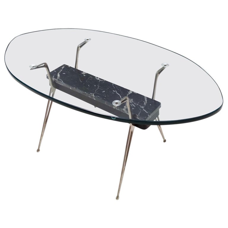 Vintage Oval Glass Coffee Table with Portoro Marble and Iron Base