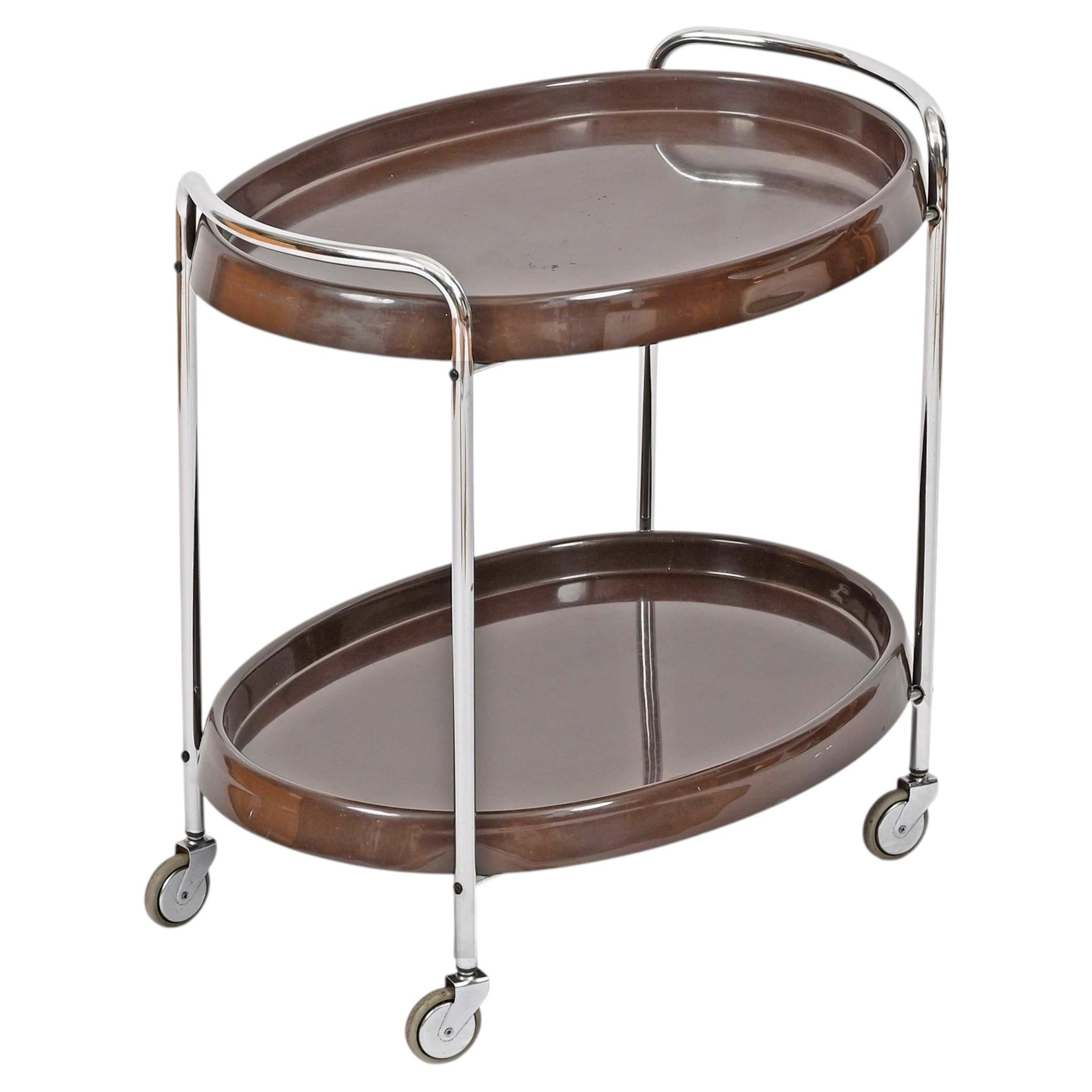 Midcentury Oval Italian Bar Cart in Chrome and Brown ABS, 1970s For Sale