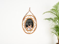 Midcentury Oval Italian Mirror with Chain in Curved Bamboo and Wicker, 1970s