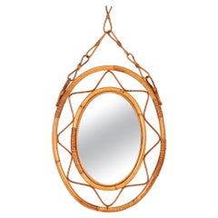 Midcentury Oval Italian Mirror with Chain in Curved Bamboo and Wicker, 1970s