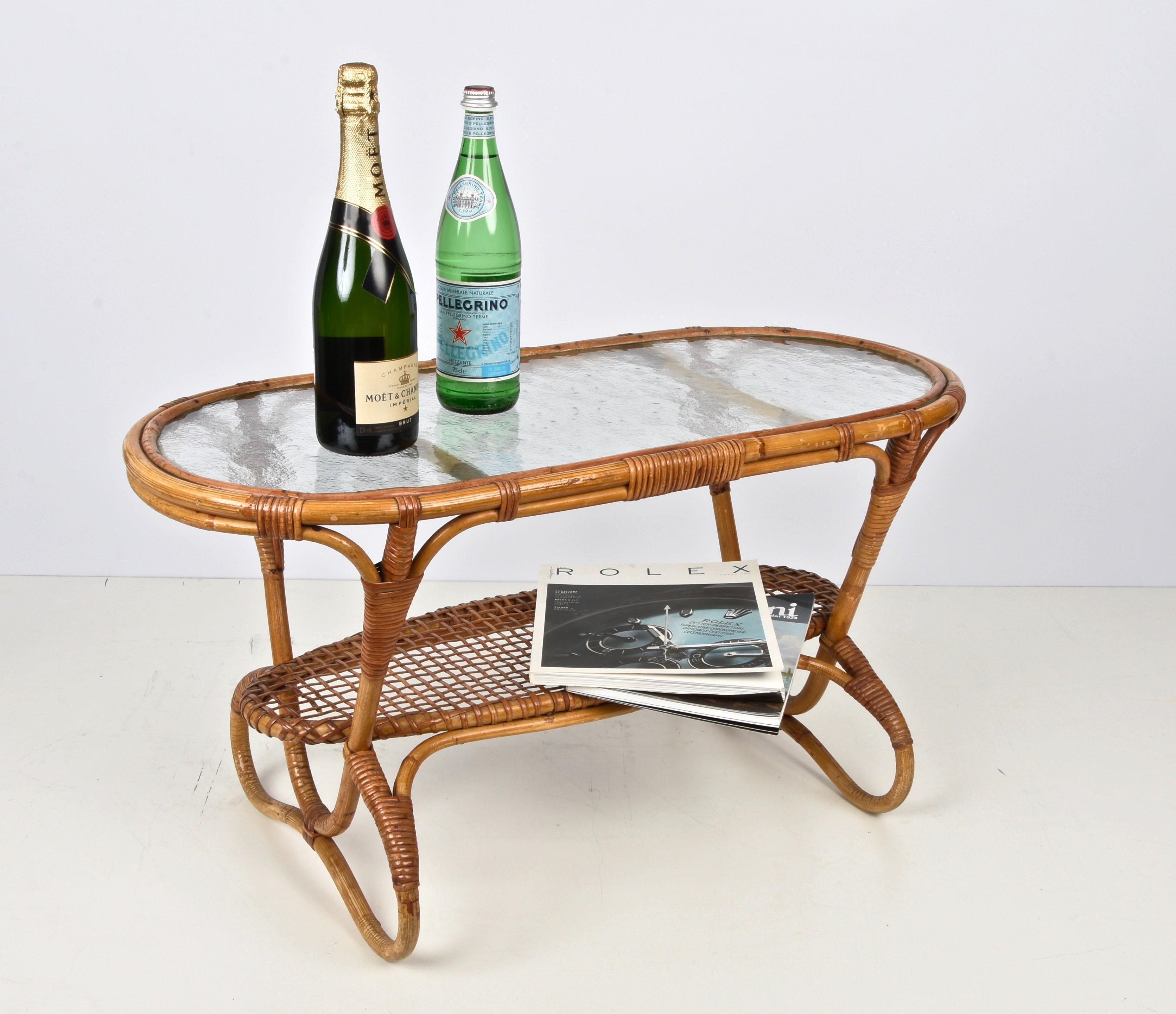 Midcentury Oval Rattan and Bamboo Dutch Coffee Table with Glass Top, 1950s For Sale 3