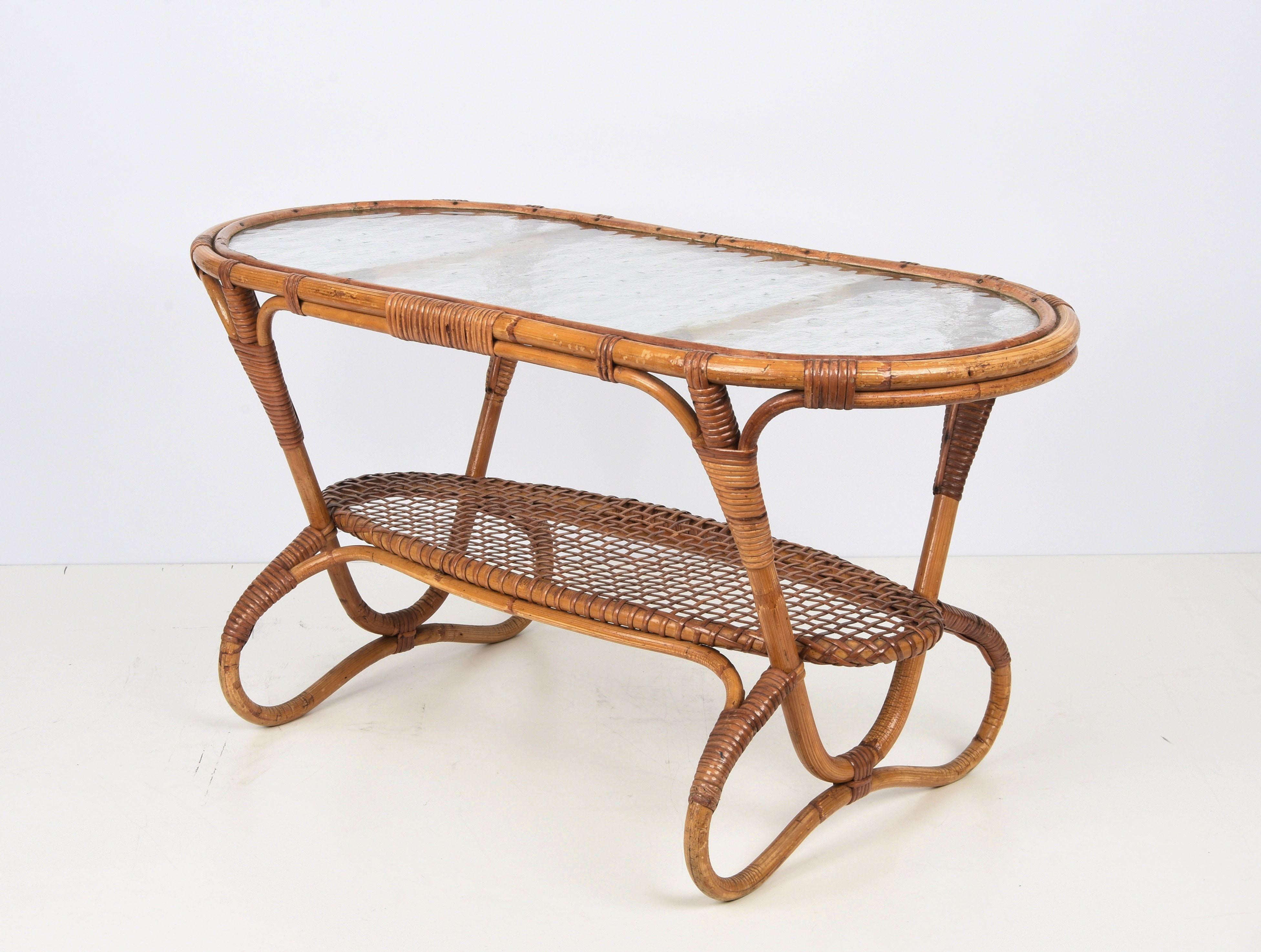 Midcentury Oval Rattan and Bamboo Dutch Coffee Table with Glass Top, 1950s For Sale 7