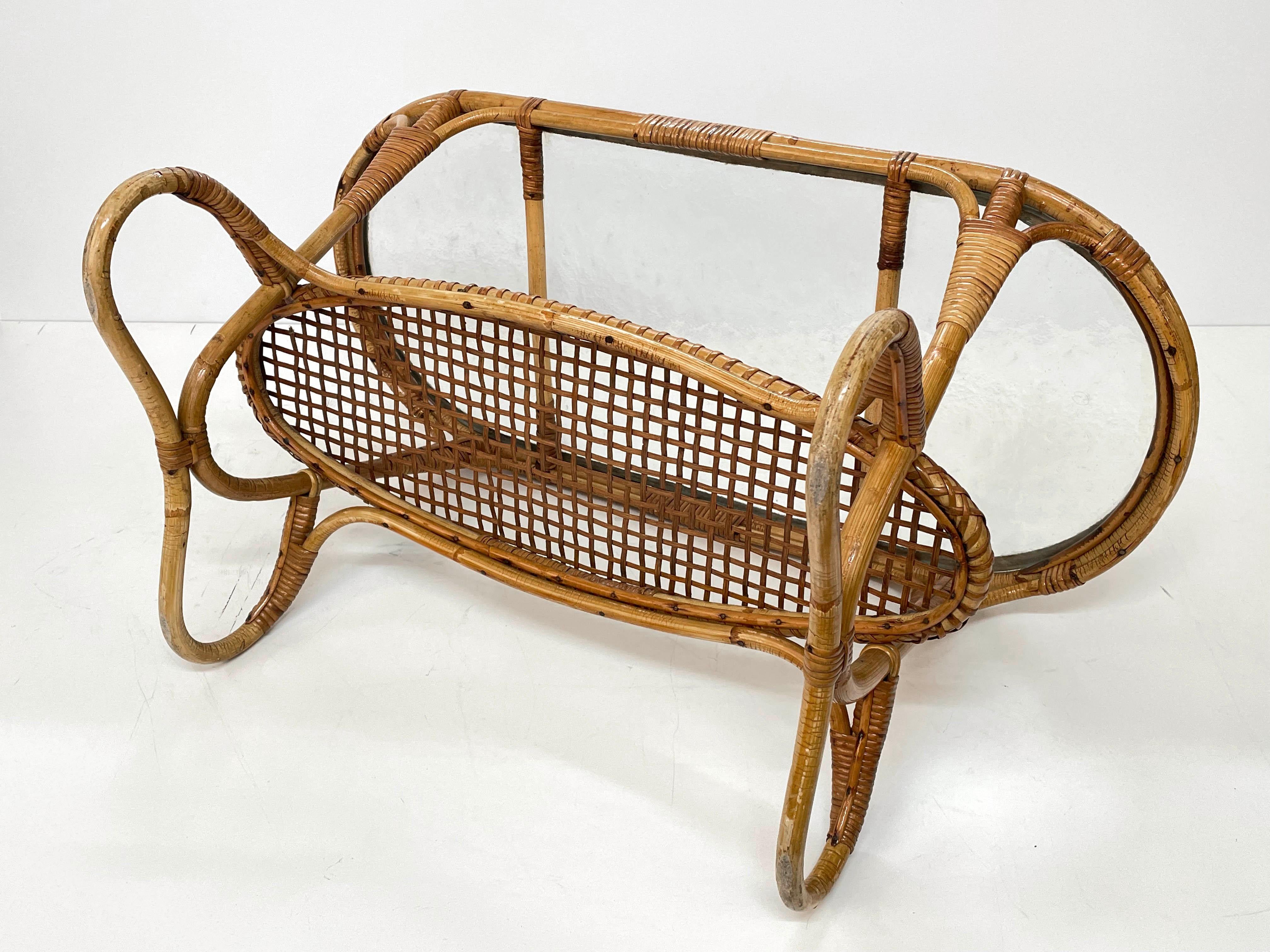 Midcentury Oval Rattan and Bamboo Dutch Coffee Table with Glass Top, 1950s For Sale 9