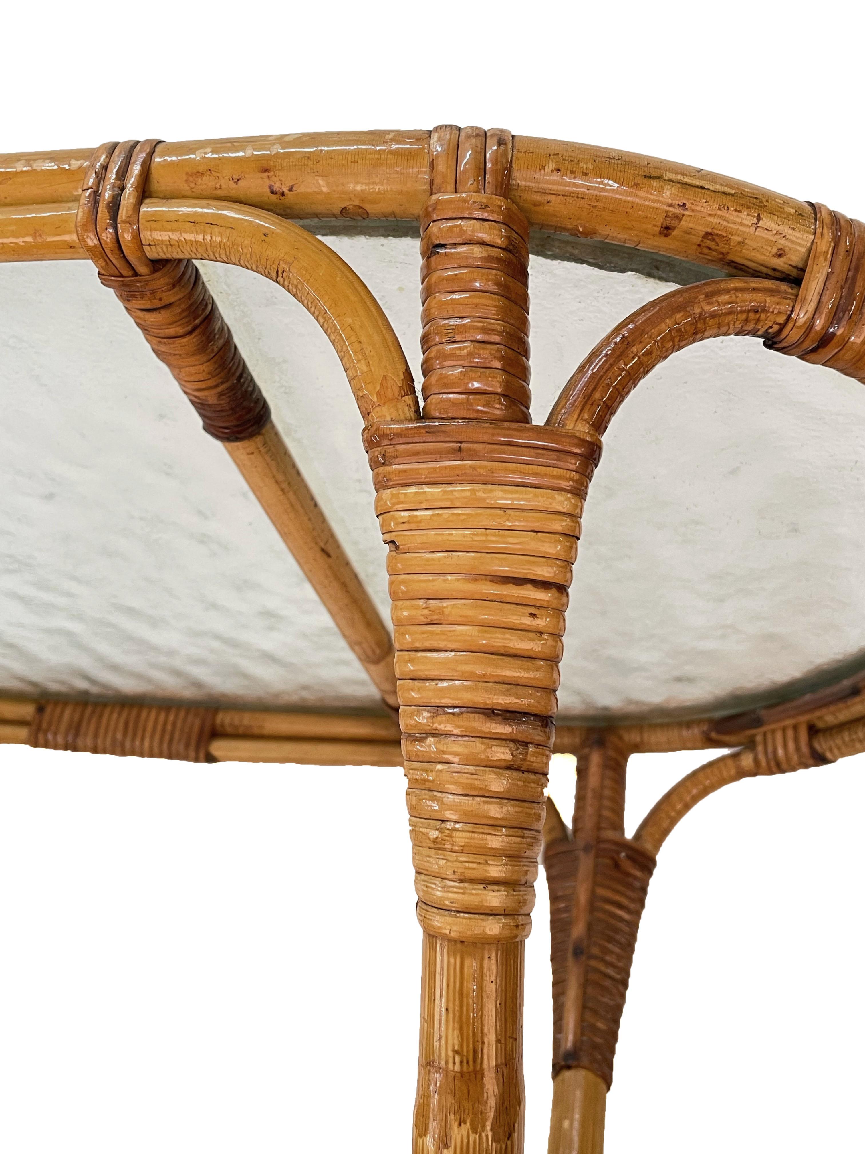 Midcentury Oval Rattan and Bamboo Dutch Coffee Table with Glass Top, 1950s For Sale 11