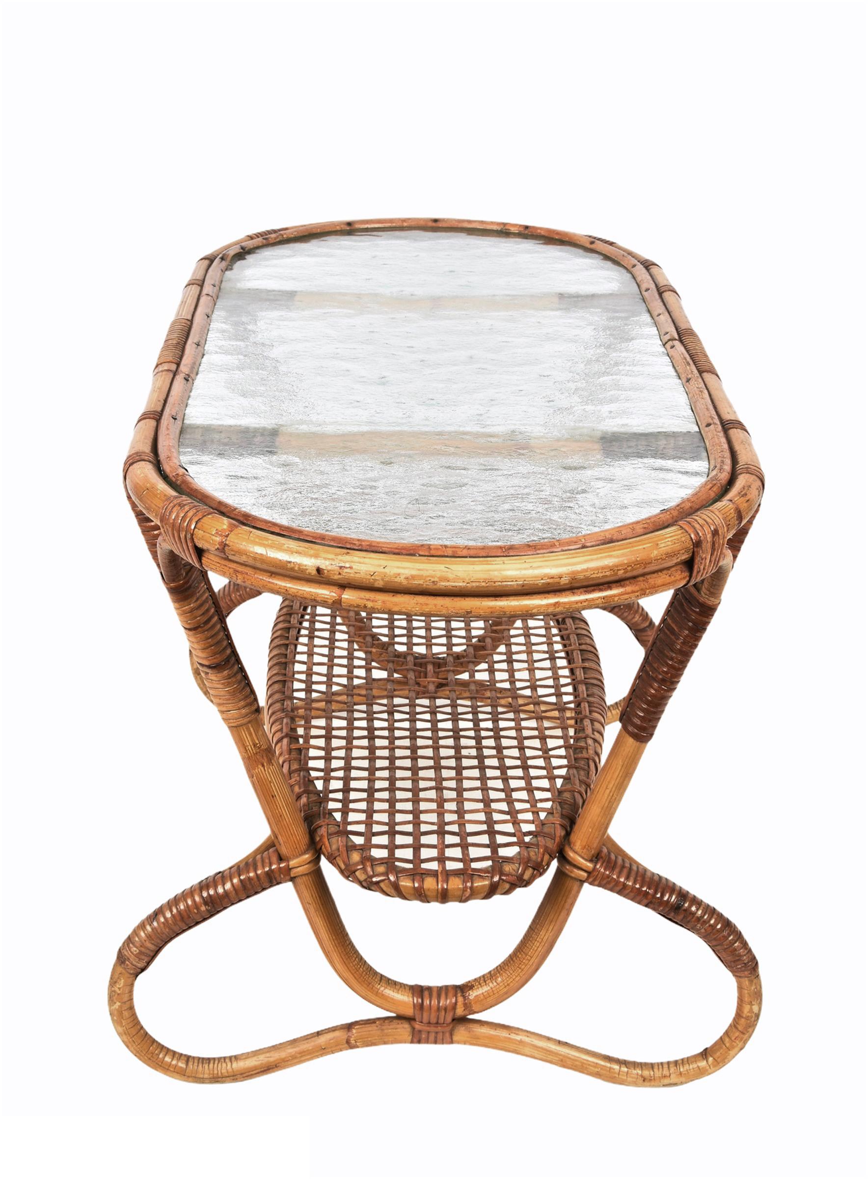 Midcentury Oval Rattan and Bamboo Dutch Coffee Table with Glass Top, 1950s 12