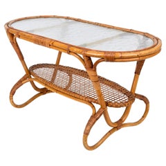 Midcentury Oval Rattan and Bamboo Dutch Coffee Table with Glass Top, 1950s