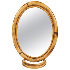 Midcentury Oval Table Vanity Mirror in Bamboo and Rattan, Italy 1970s