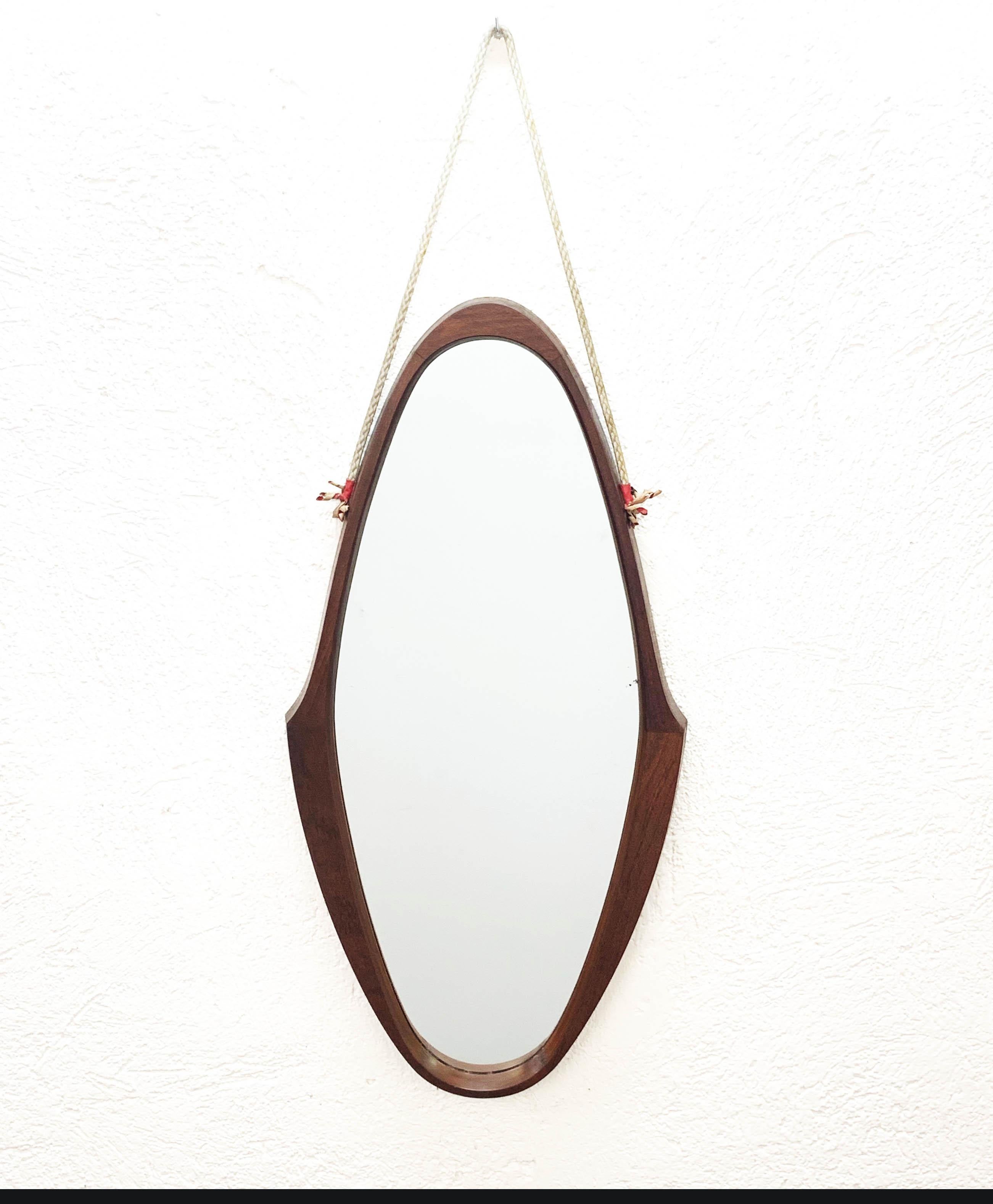 Midcentury Oval Teak, Nylon Rope and Leather Italian Wall Framed Mirror, 1960s 5