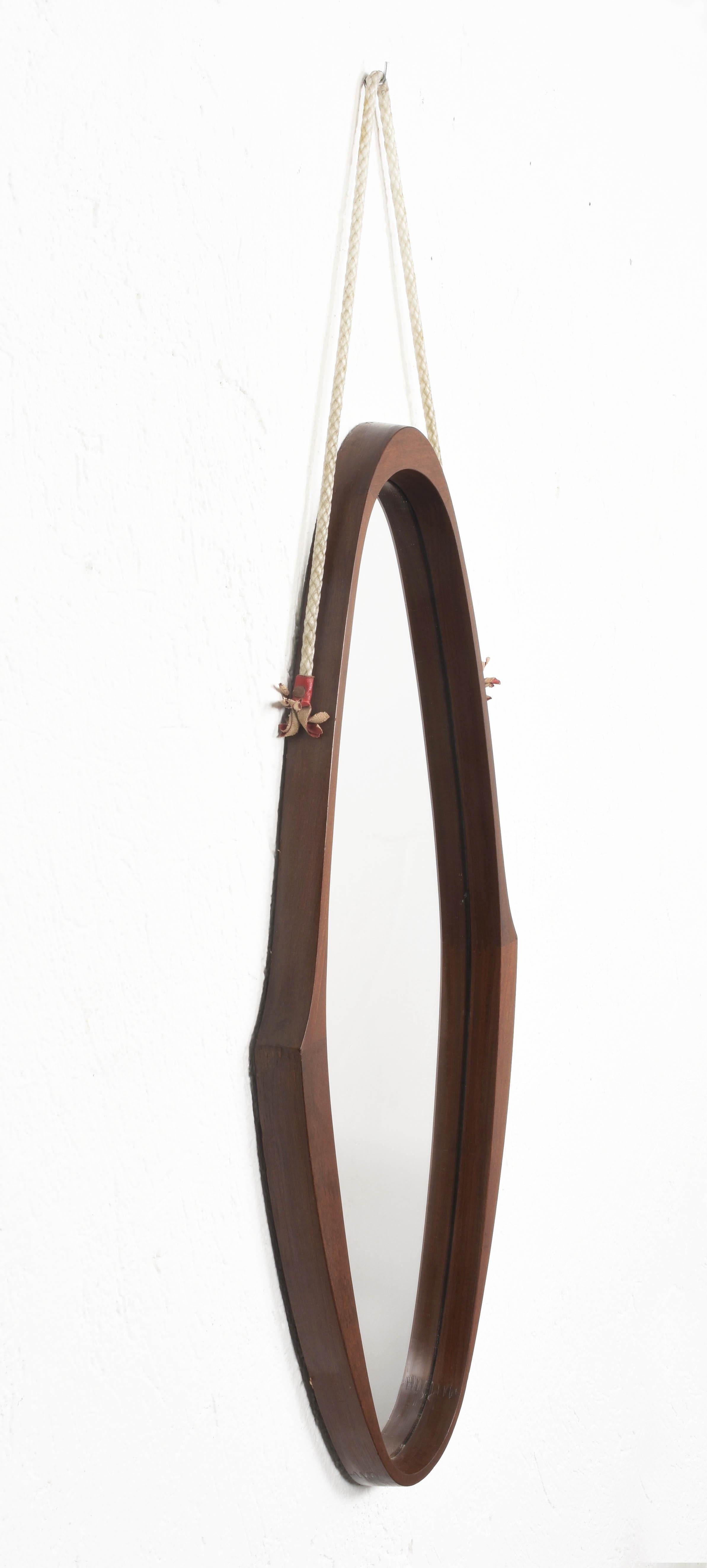 Midcentury Oval Teak, Nylon Rope and Leather Italian Wall Framed Mirror, 1960s 6