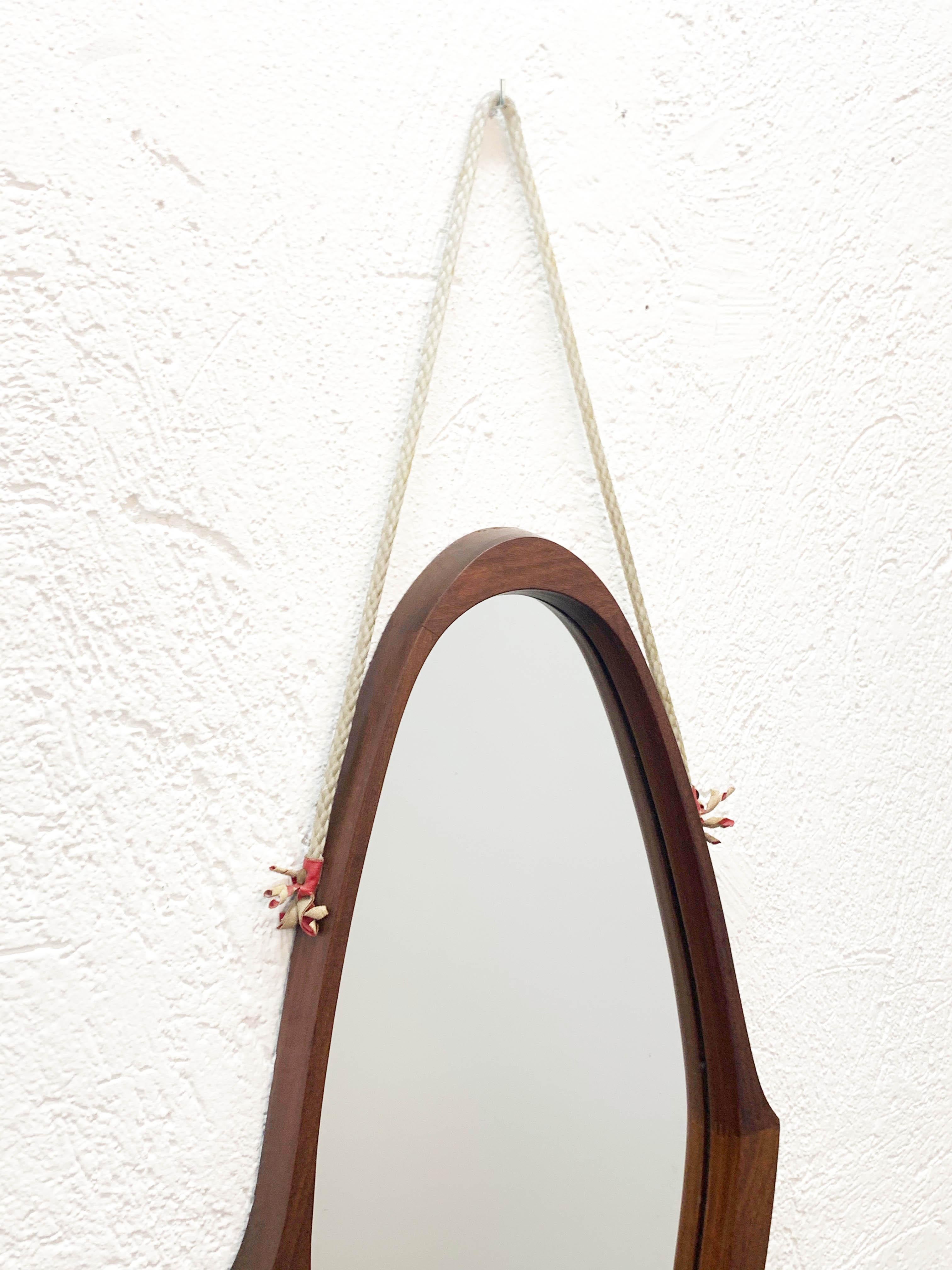 Midcentury Oval Teak, Nylon Rope and Leather Italian Wall Framed Mirror, 1960s 7