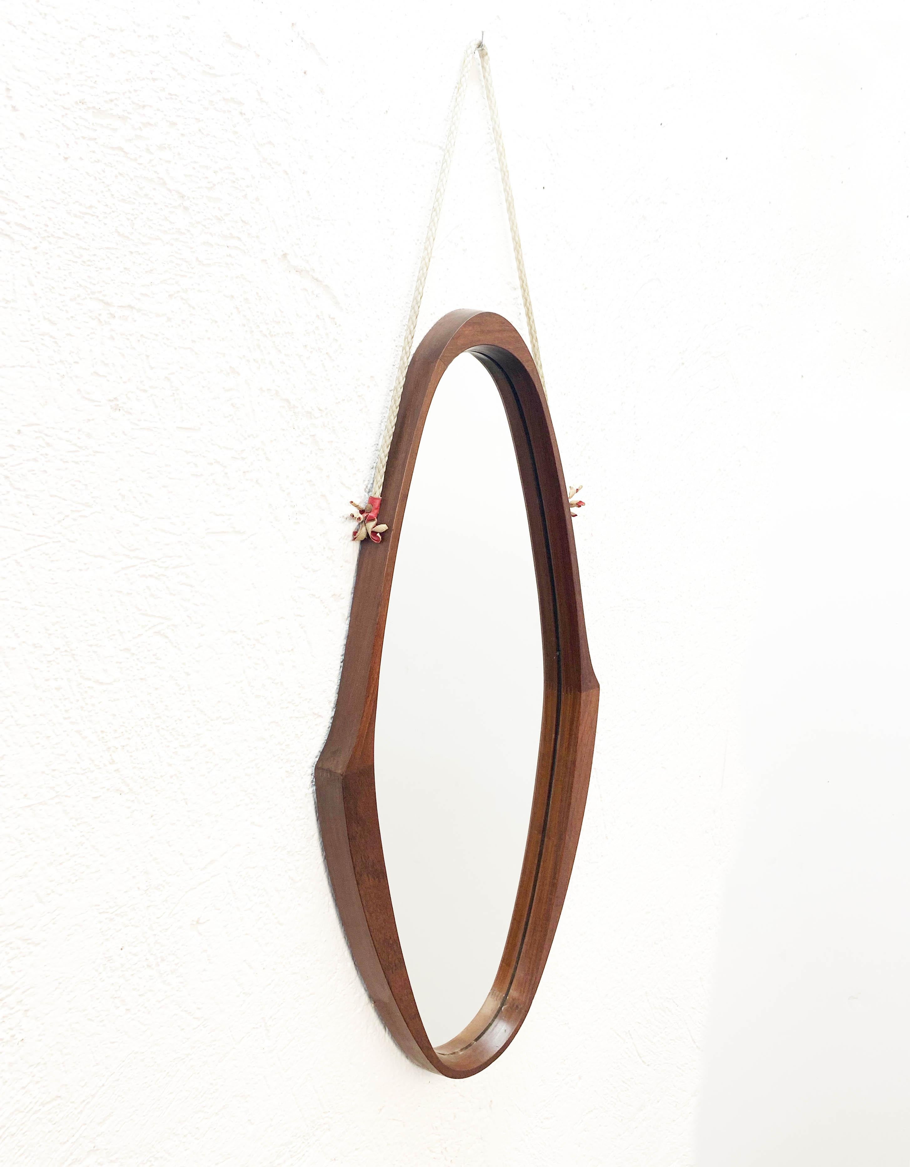 Midcentury Oval Teak, Nylon Rope and Leather Italian Wall Framed Mirror, 1960s 8