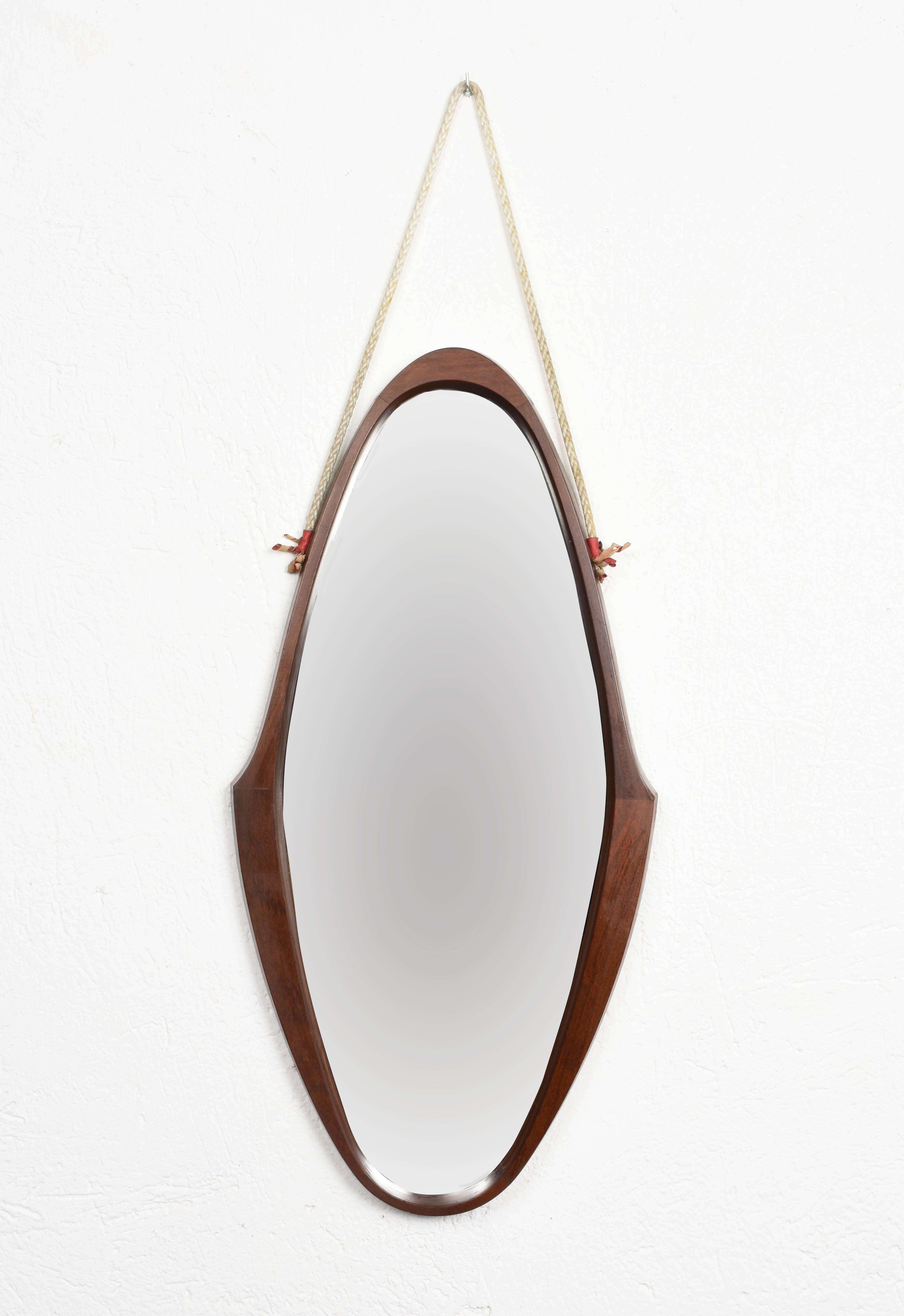 Midcentury Oval Teak, Nylon Rope and Leather Italian Wall Framed Mirror, 1960s In Good Condition In Roma, IT