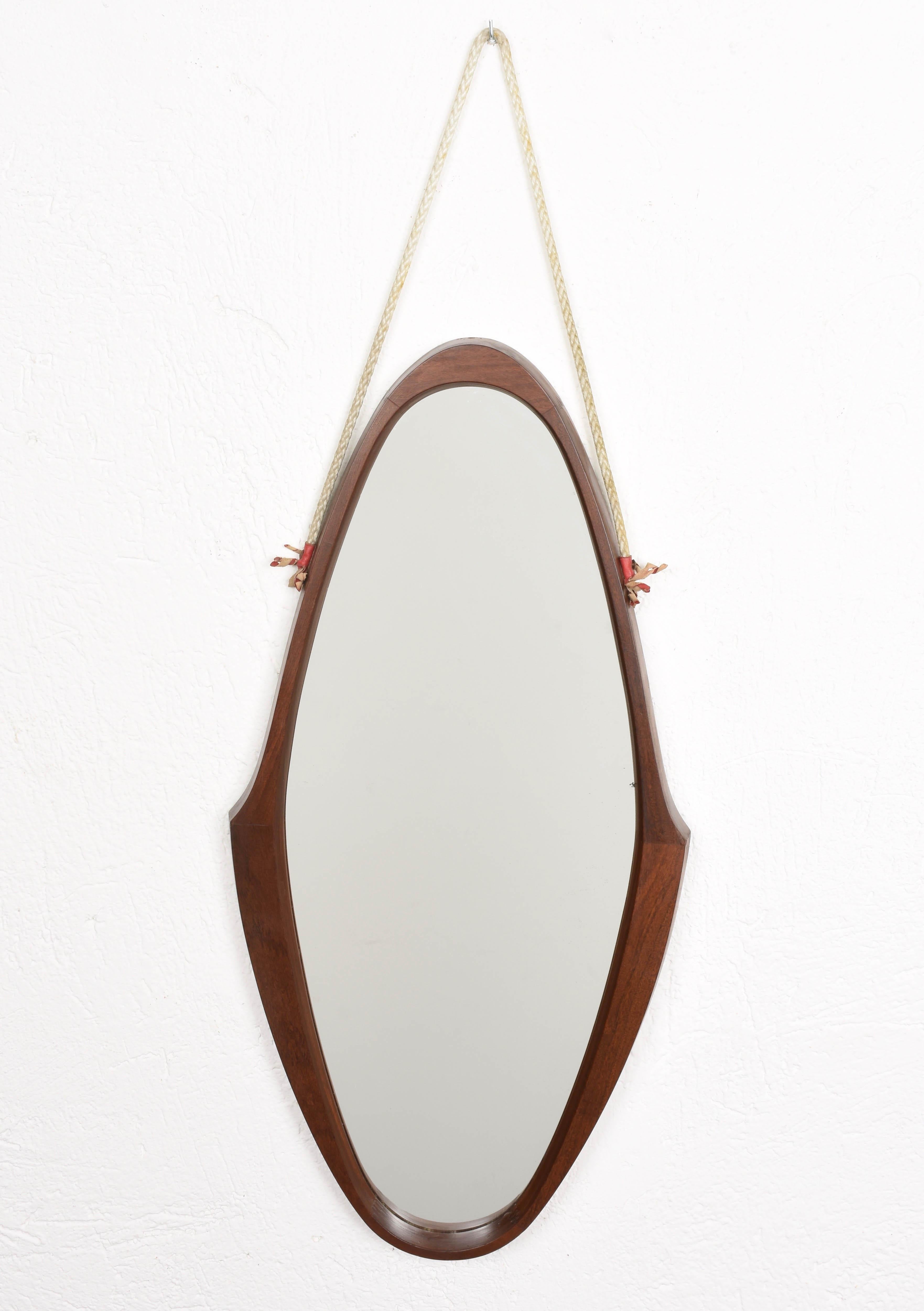 Midcentury Oval Teak, Nylon Rope and Leather Italian Wall Framed Mirror, 1960s 1