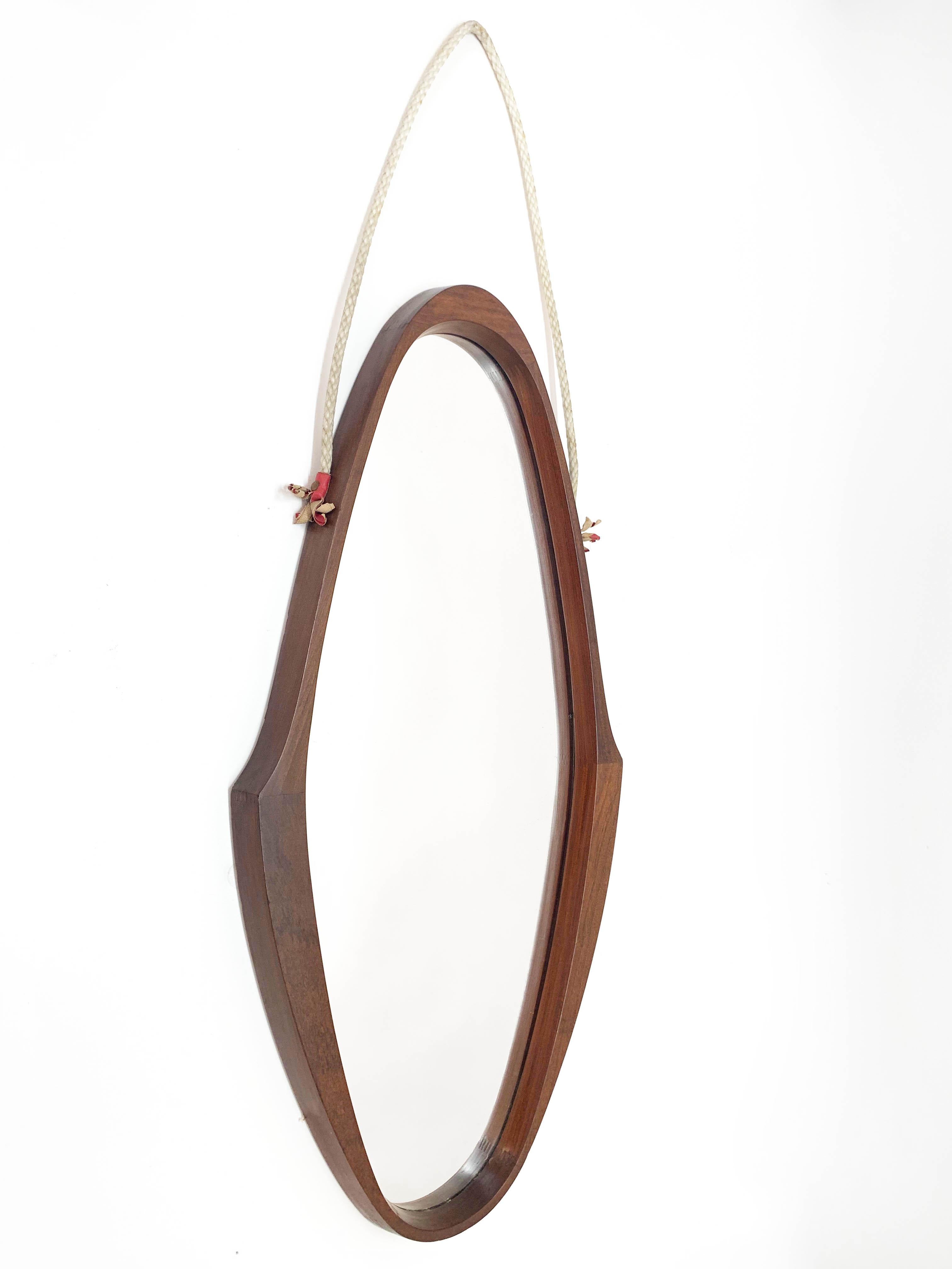 Midcentury Oval Teak, Nylon Rope and Leather Italian Wall Framed Mirror, 1960s 2