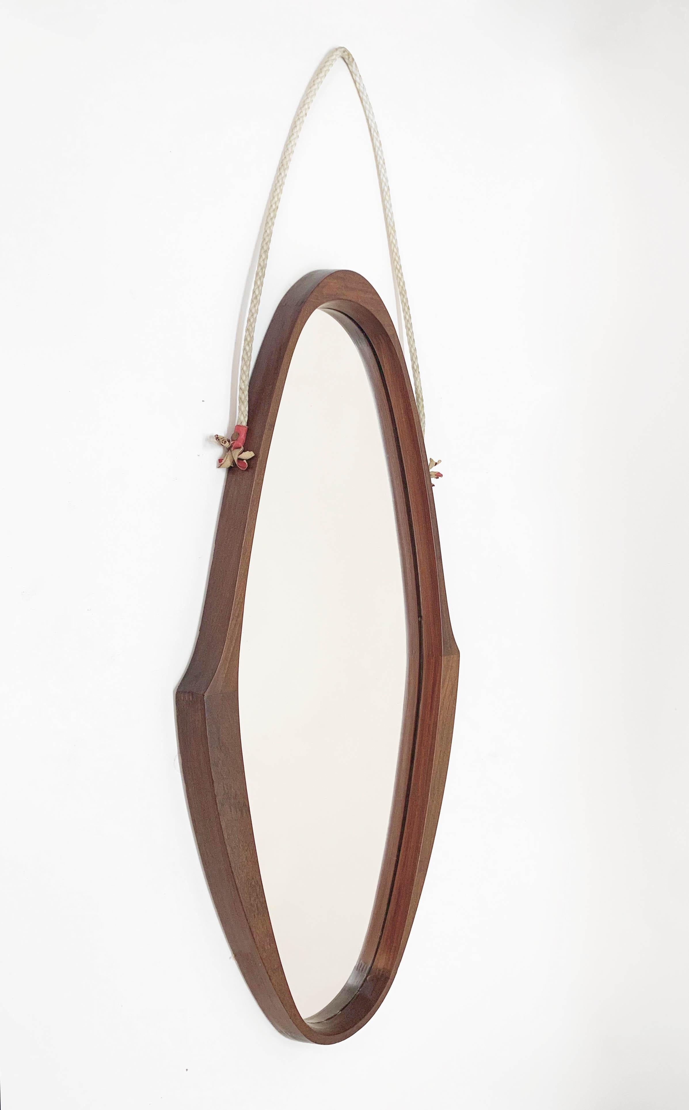Midcentury Oval Teak, Nylon Rope and Leather Italian Wall Framed Mirror, 1960s 3