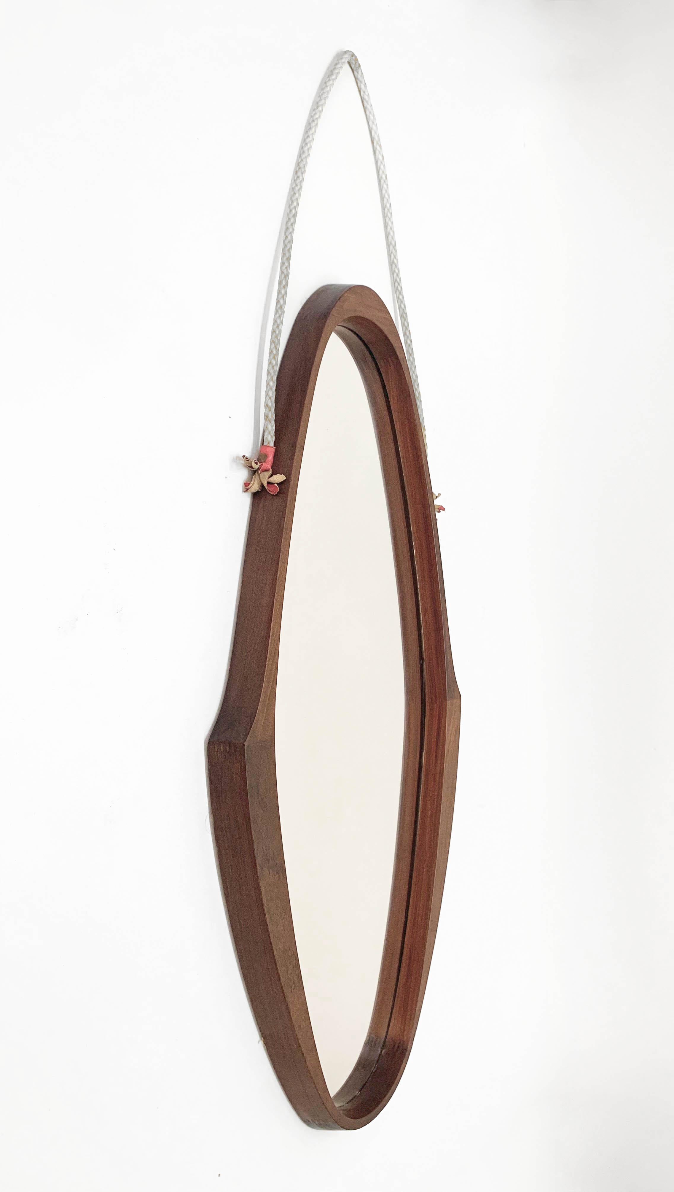 Midcentury Oval Teak, Nylon Rope and Leather Italian Wall Framed Mirror, 1960s 4