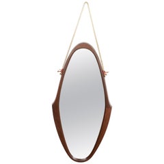 Midcentury Oval Teak, Nylon Rope and Leather Italian Wall Framed Mirror, 1960s